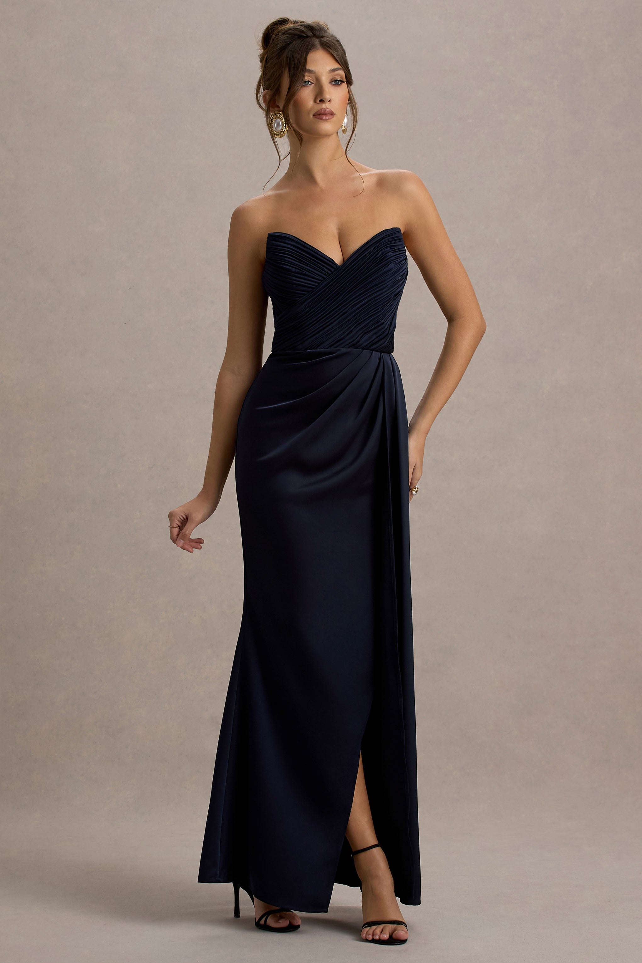 Edel | Navy Satin Strapless Maxi Dress With Drape
