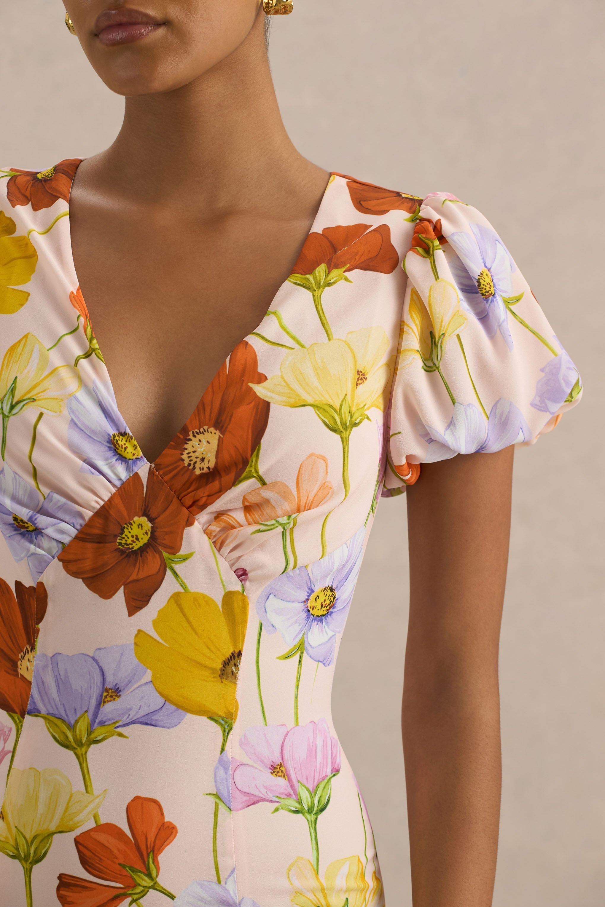 Ginny | Bright Floral Print Puff-Sleeve Split Maxi Dress