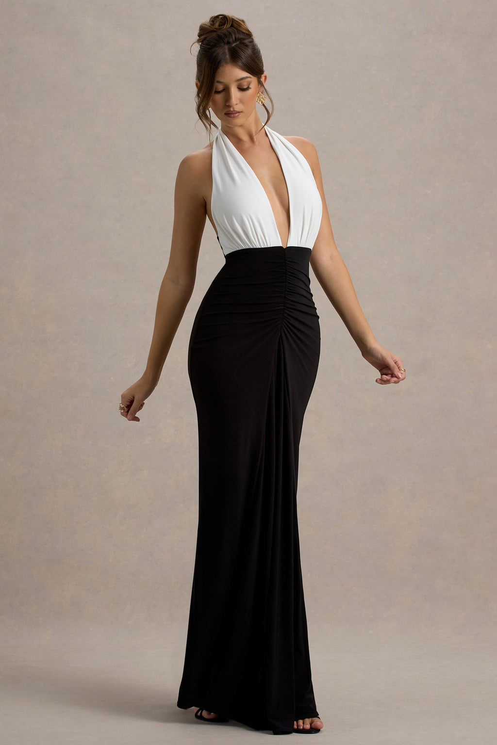 Payton | Black & White Ruched Halter-Neck Maxi Dress