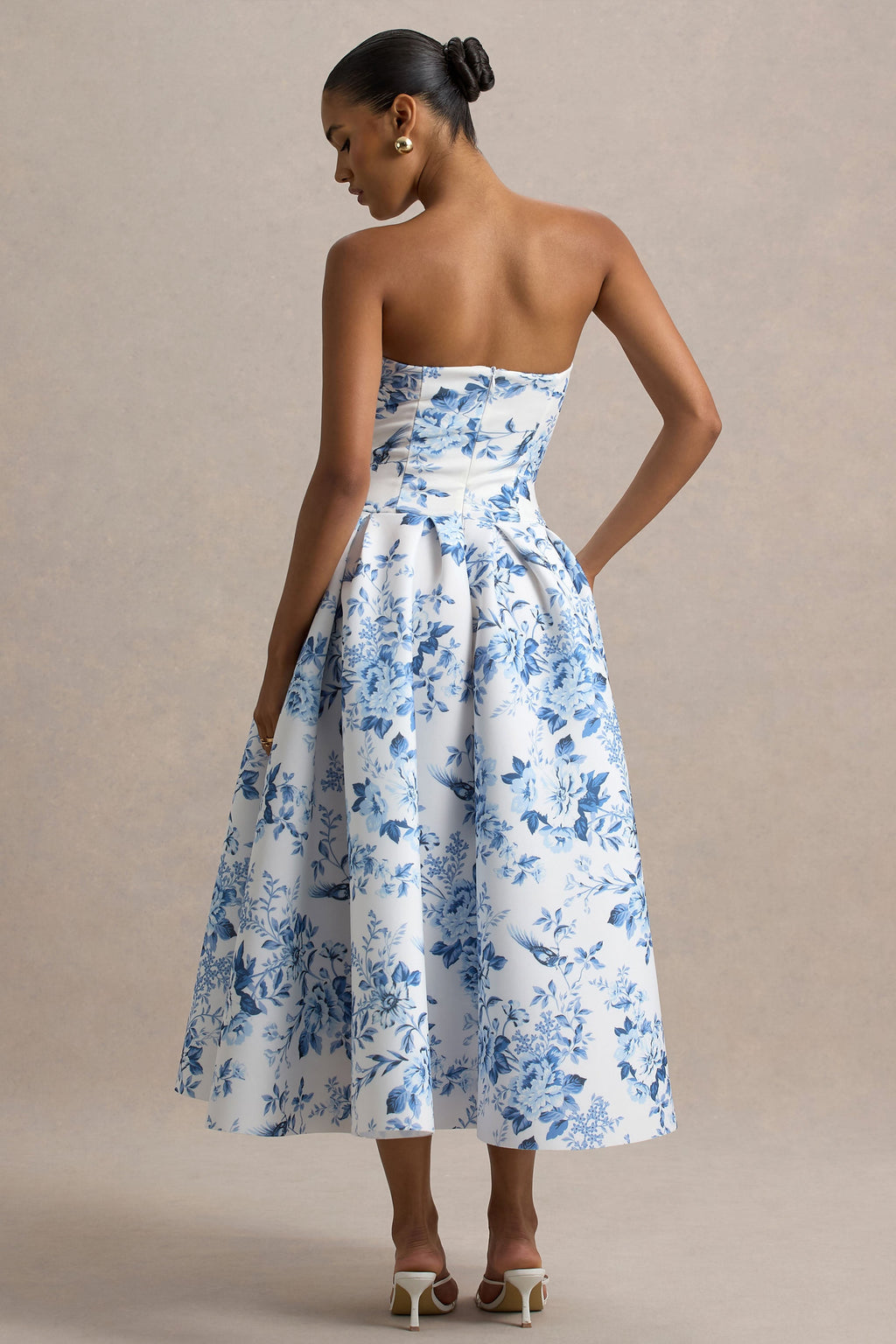 Alaina | Blue Porcelain Print Bandeau Midi Dress With Volume Skirt