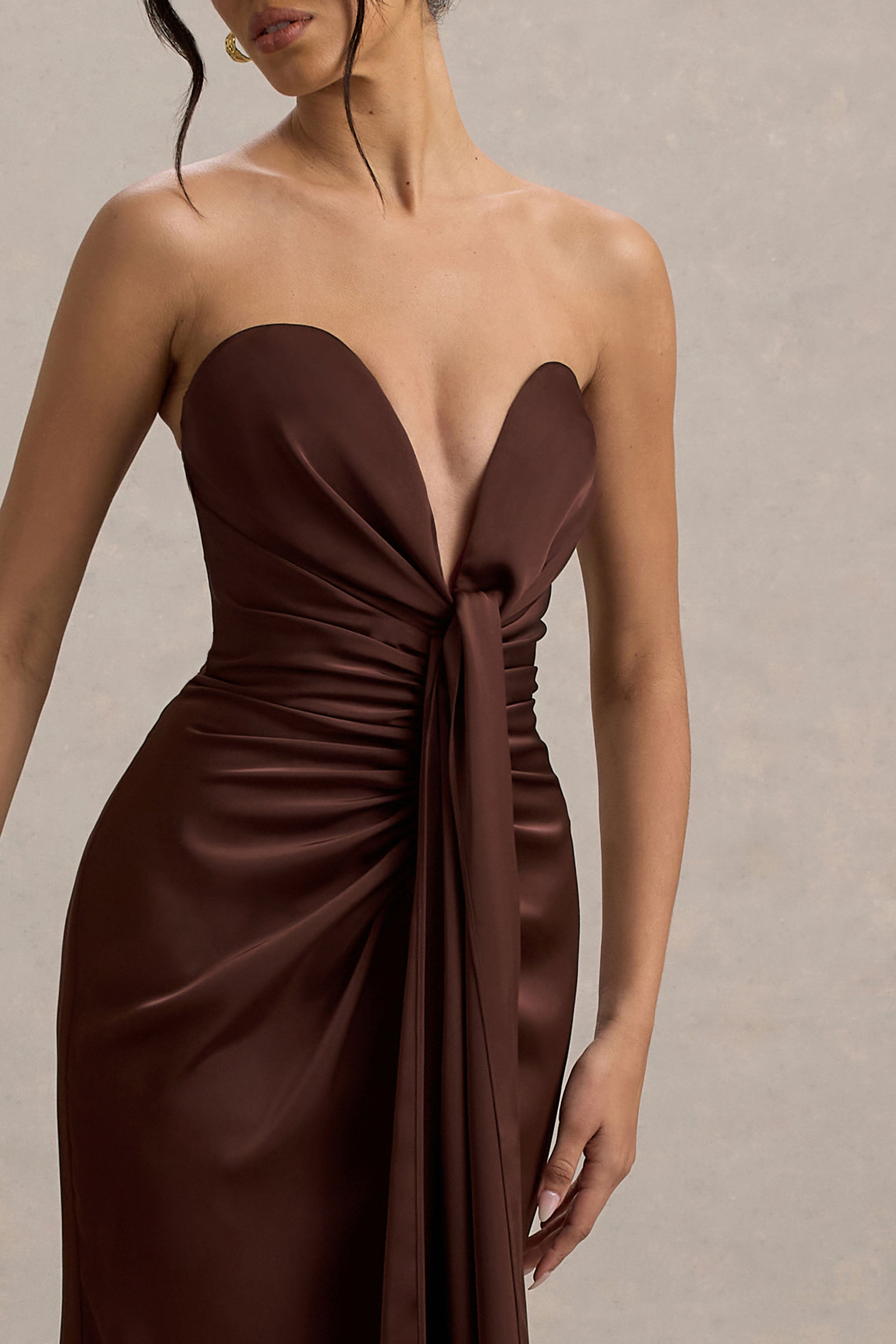 Mackenzie | Brown Satin Plunge-Neck Draped Maxi Dress