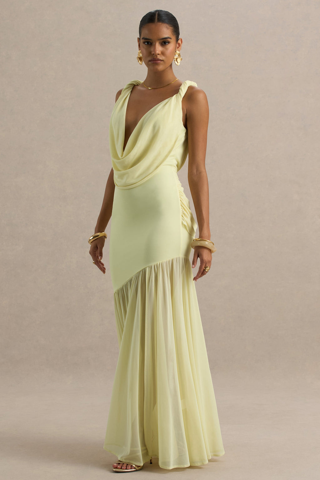 Meggie | Lemon Plunge-Neck Twisted Maxi Dress With Chiffon Skirt