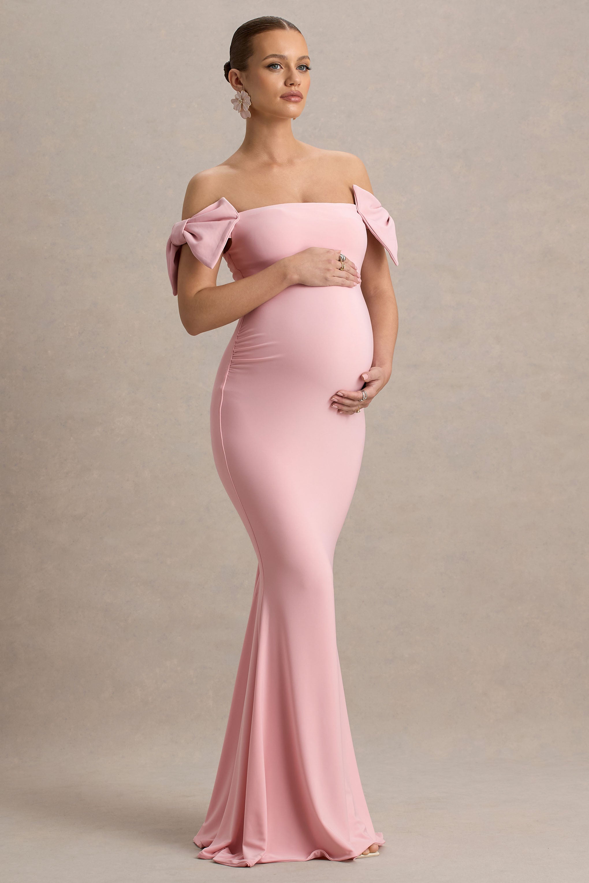 Didi | Pink Bardot Bow Detail Maternity Maxi Dress