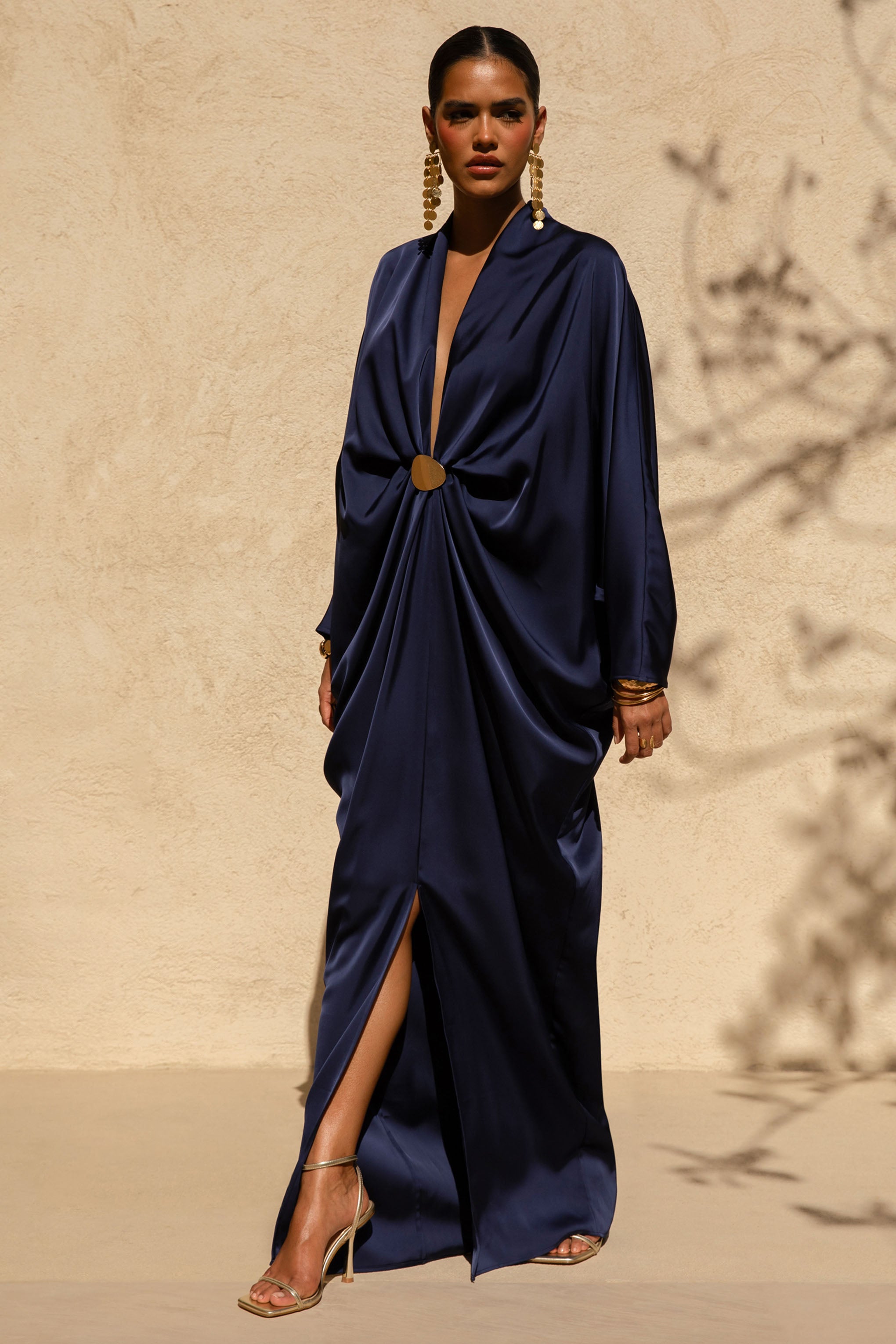 Tina | Navy Satin Plunge-Neck Embellished Maxi Dress