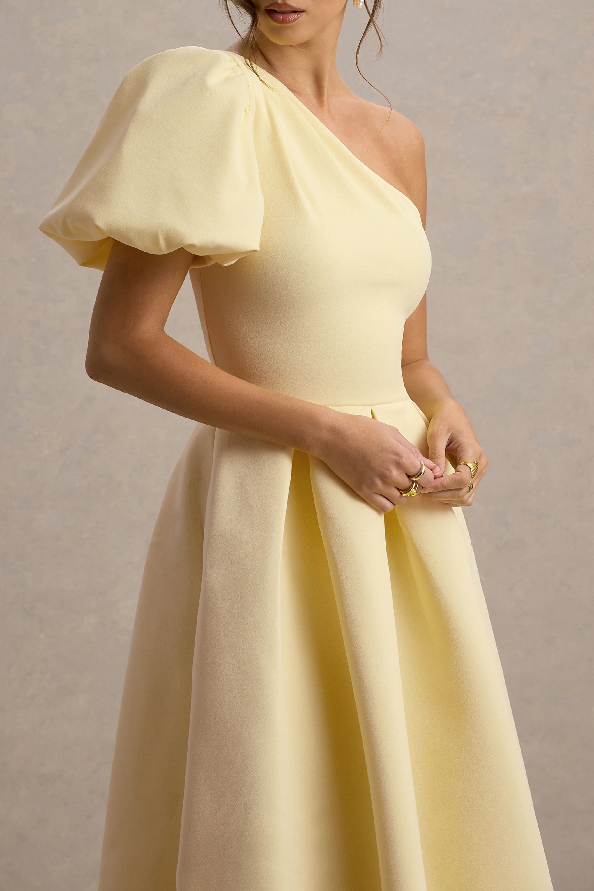 Rochelle | Pale Lemon Asymmetric Puff-Sleeve Midi Dress