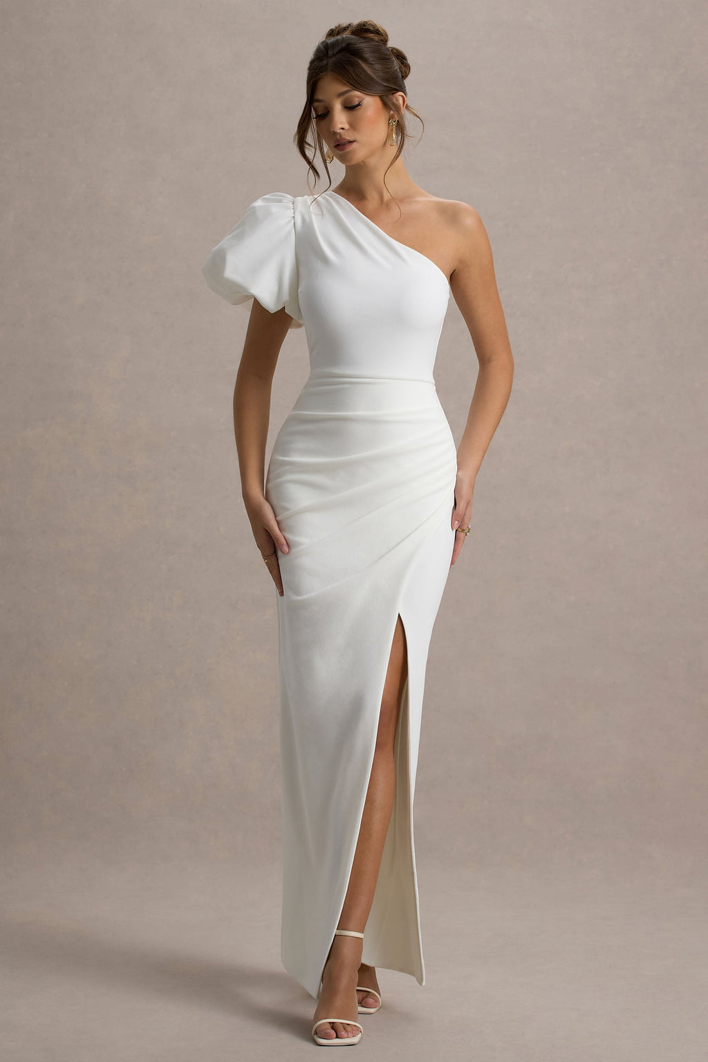 Vittoria | White Asymmetric Puff-Sleeve Split Maxi Dress