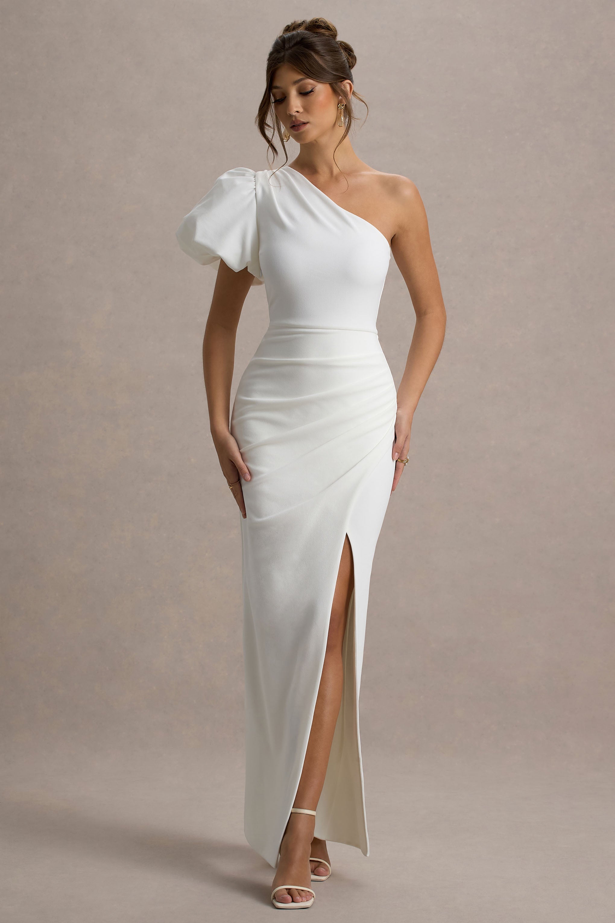 Vittoria | White Asymmetric Puff-Sleeve Split Maxi Dress