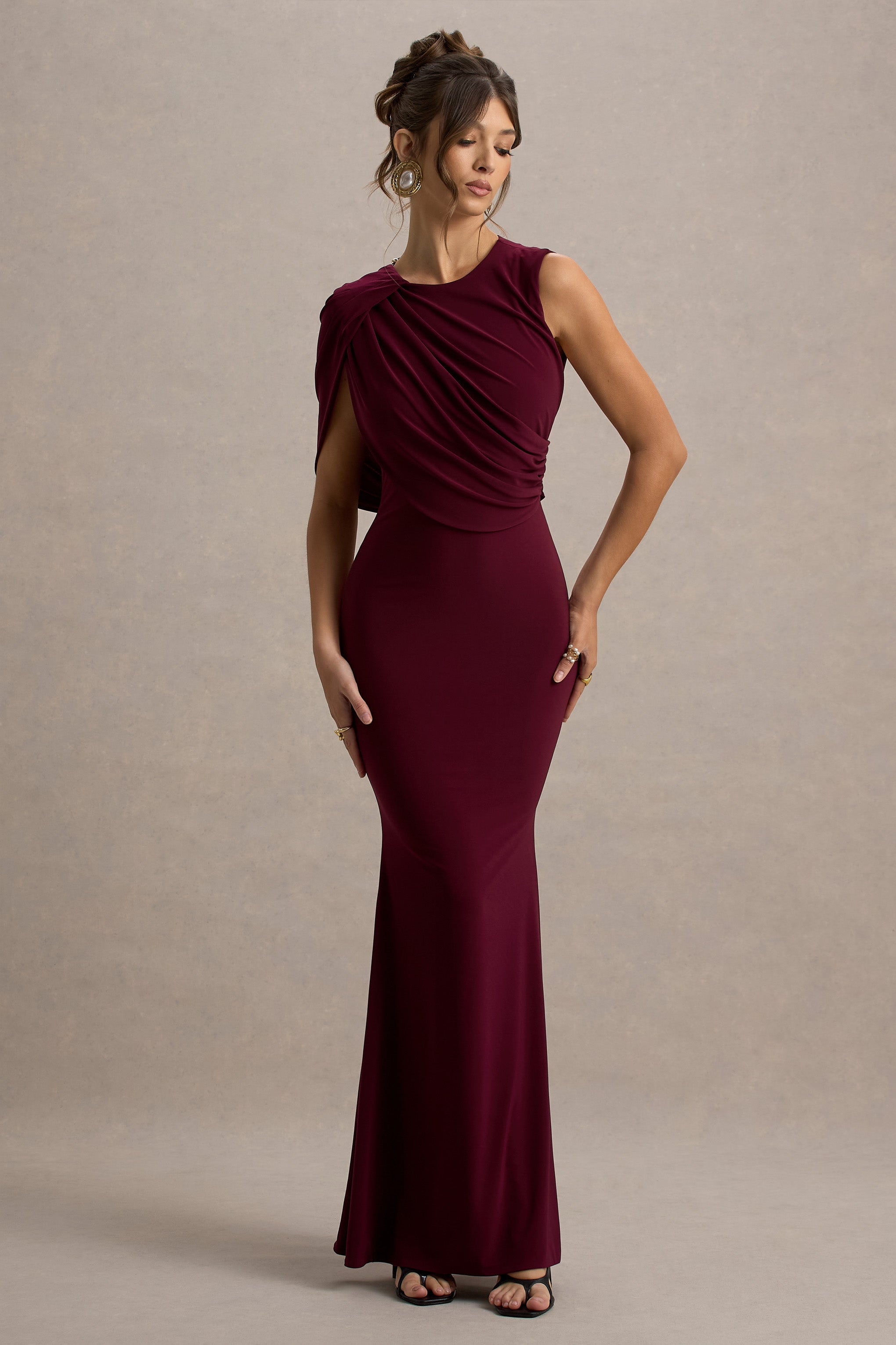 Rae | Burgundy Maxi Dress With One-Sleeve Cape