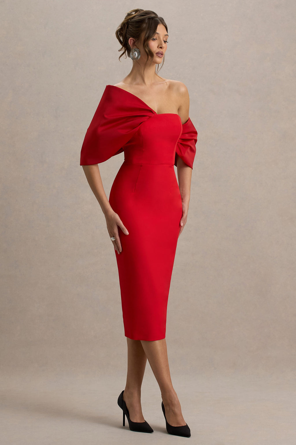 Lucille | Red Asymmetric Bardot Midi Dress