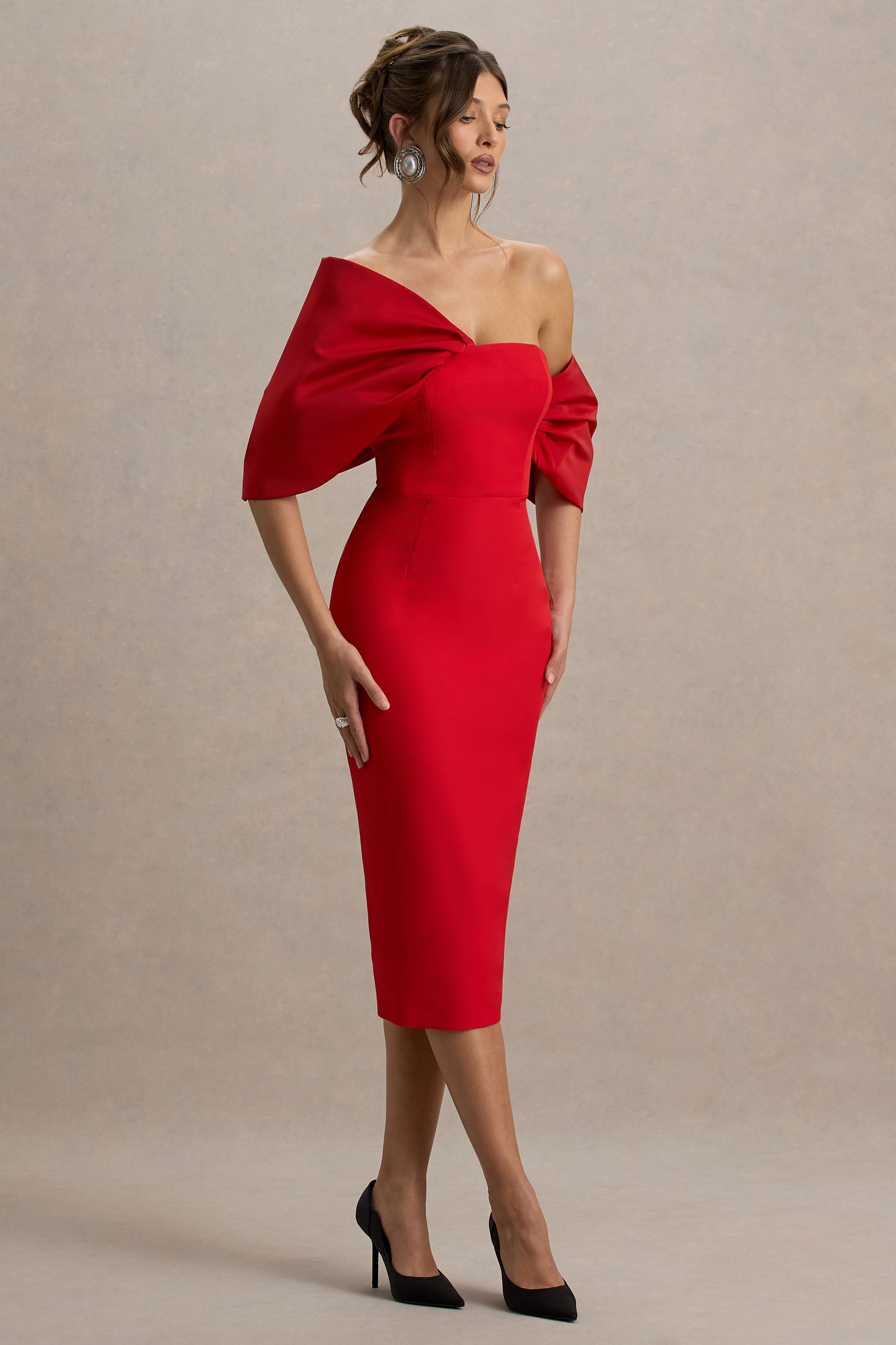 Lucille | Red Asymmetric Bardot Midi Dress