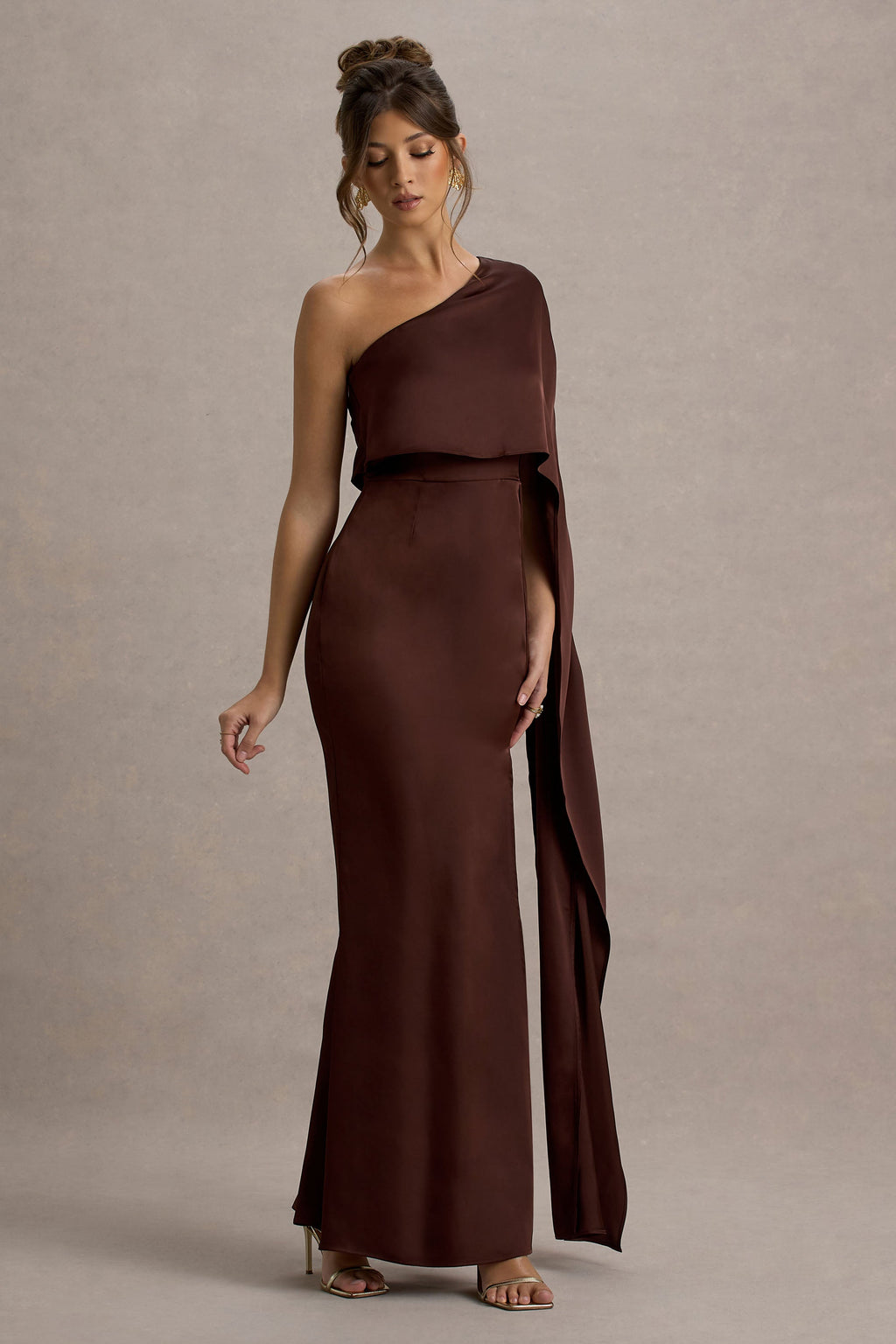 Amora | Brown Satin Asymmetric Cape-Sleeve Split Maxi Dress