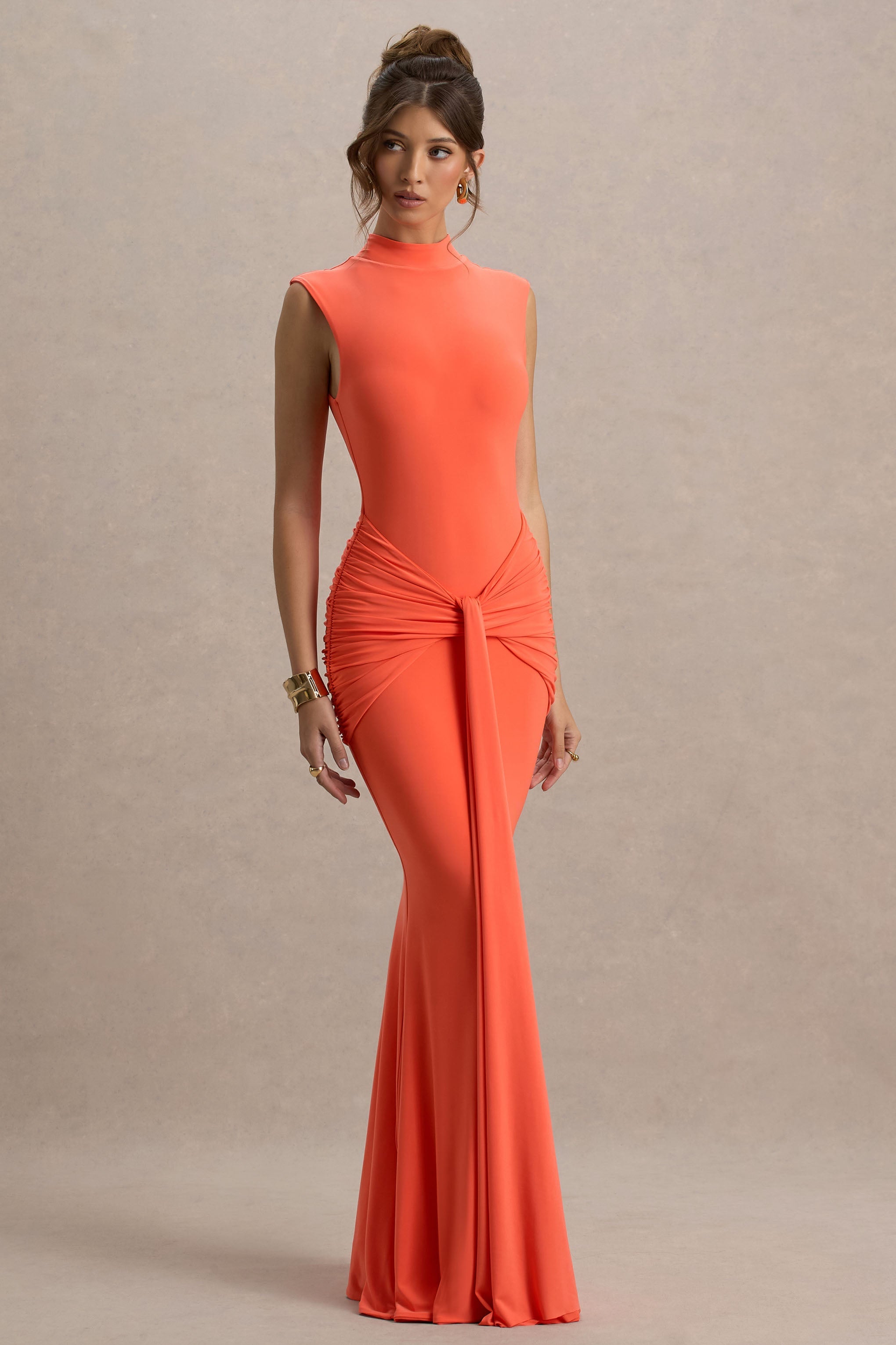 Graziana | Coral High-Neck Gathered Draped Maxi Dress
