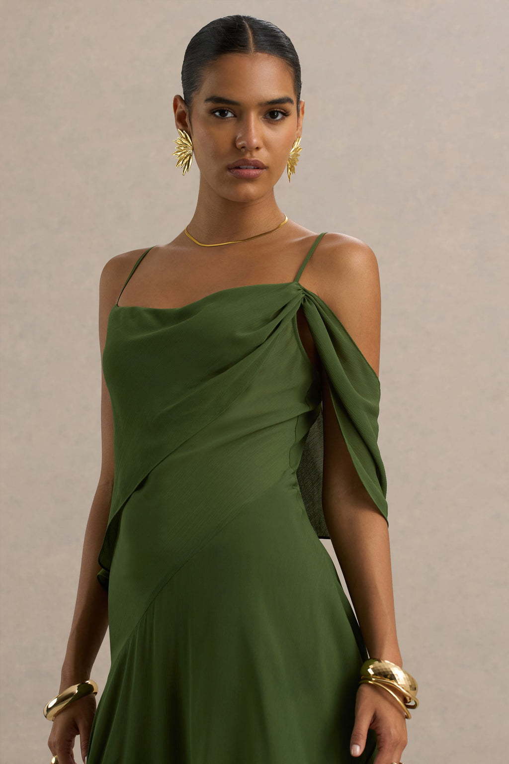Tiara | Green Asymmetric Midi Dress With Draping Detailing and Open-Back