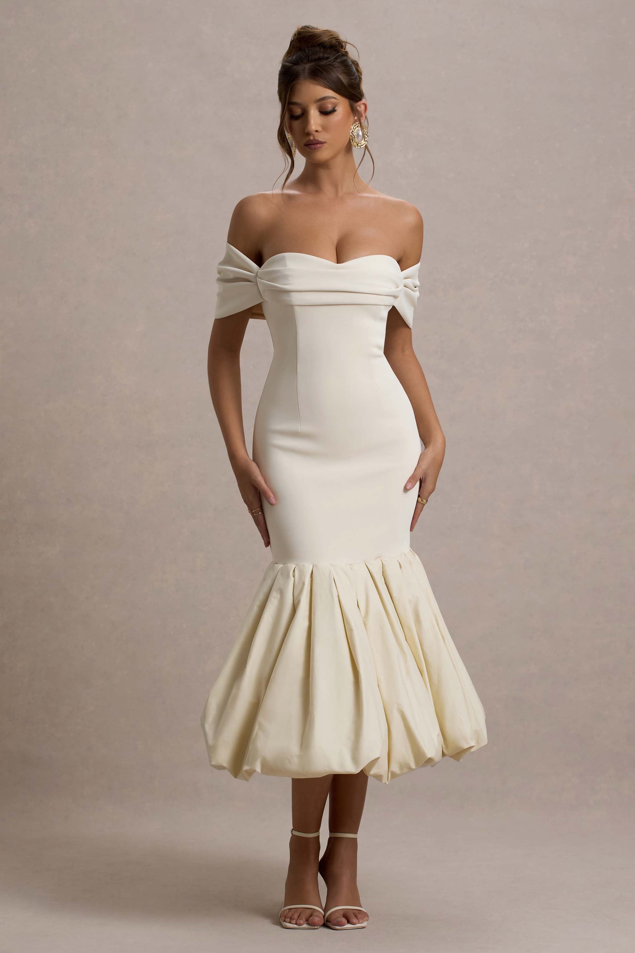 Posie | Stone bardot midi dress with puffball hem