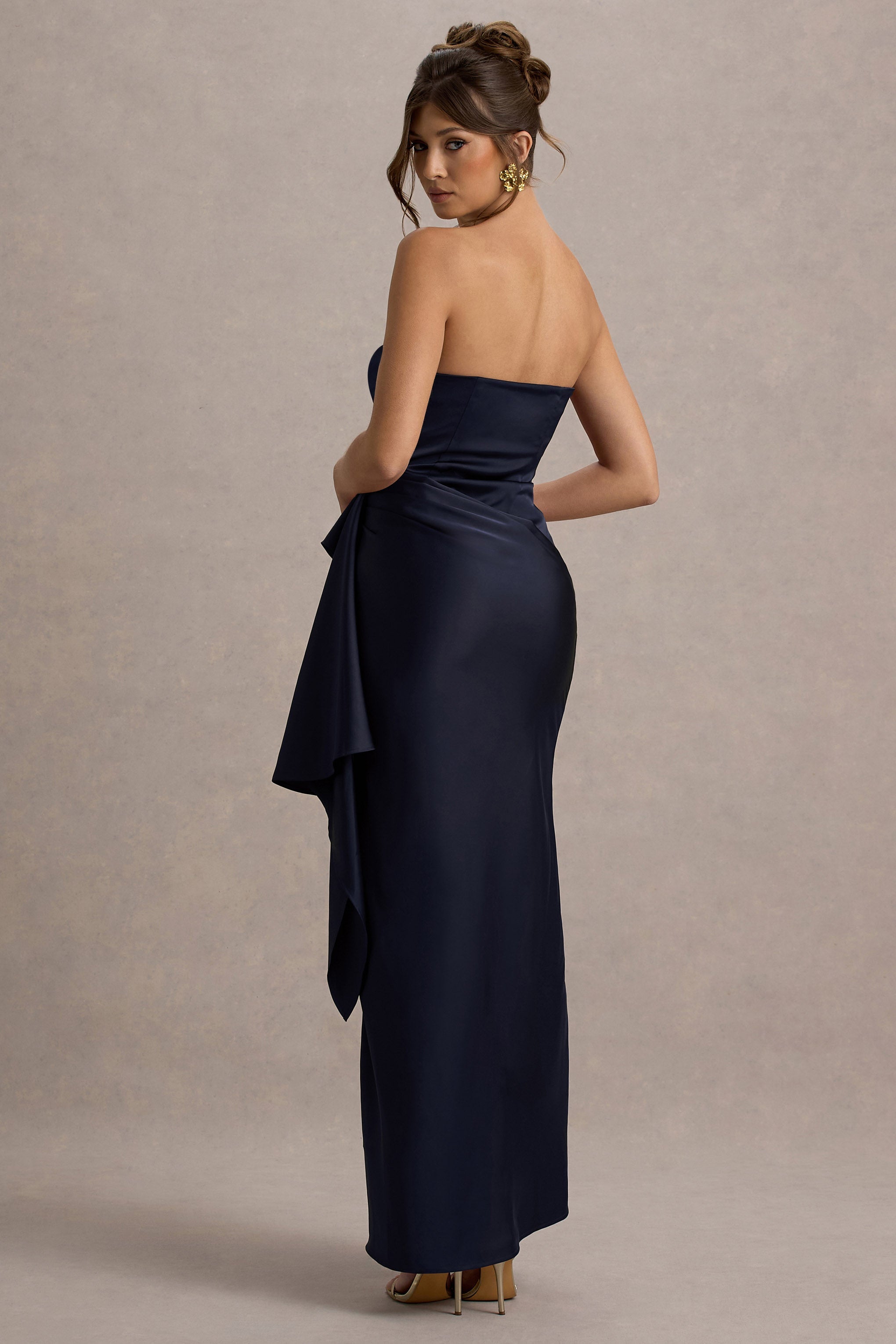 Loz | Navy Satin Bandeau Draped Maxi Dress