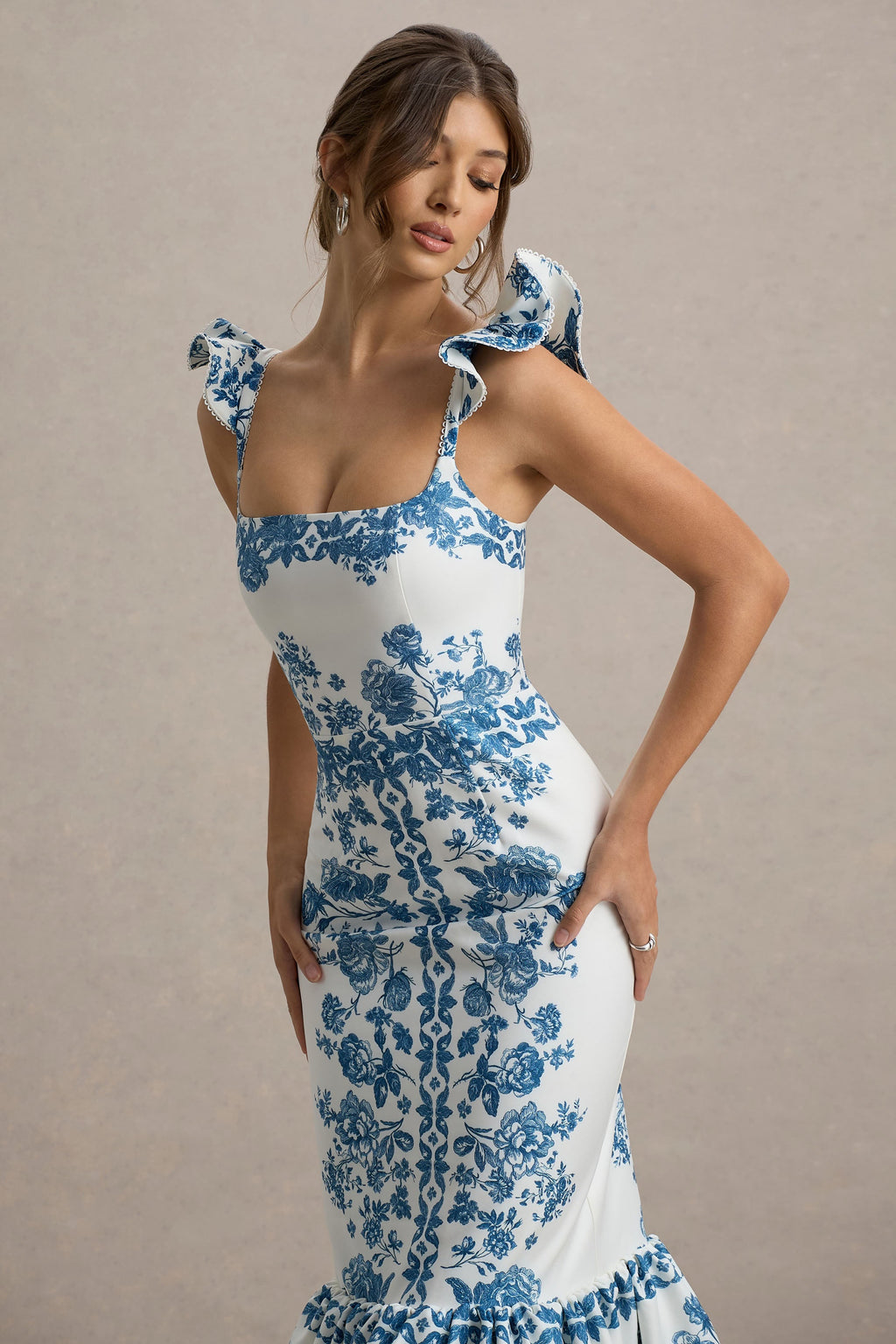Sarey | Blue Porcelain Print Ruffle Midi Dress