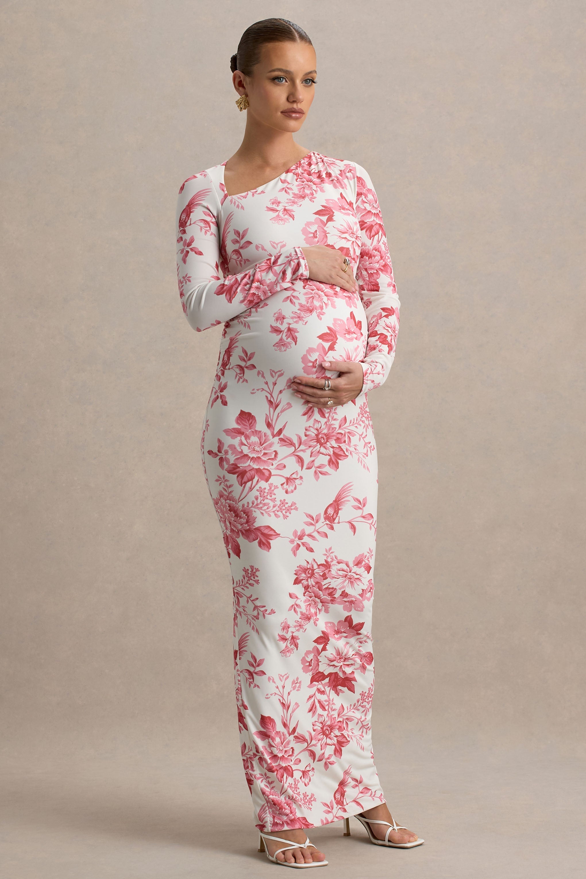 Vanette | Pink Floral Print Asymmetric Long-Sleeve Maternity Maxi Dress