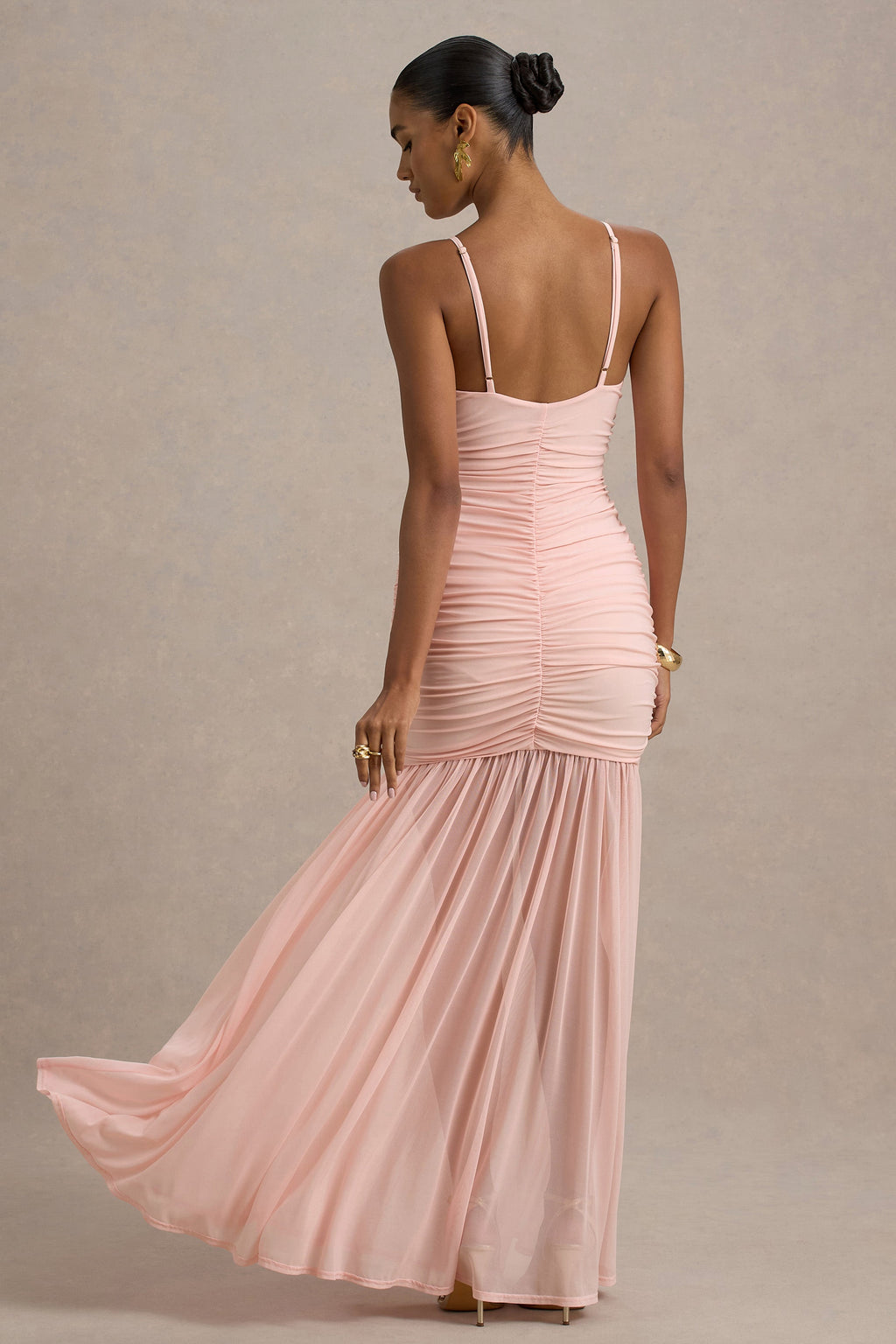 Pasqualina | Pink Ruched Plunge-Neck Maxi Dress