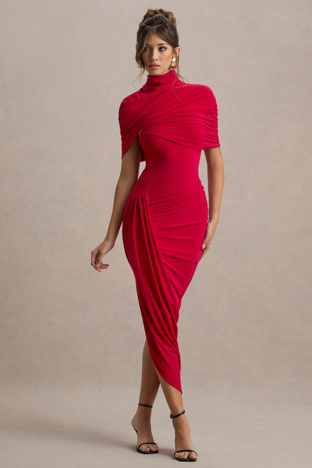 Enchant | Red Asymmetric Twisted Cape Maxi Dress