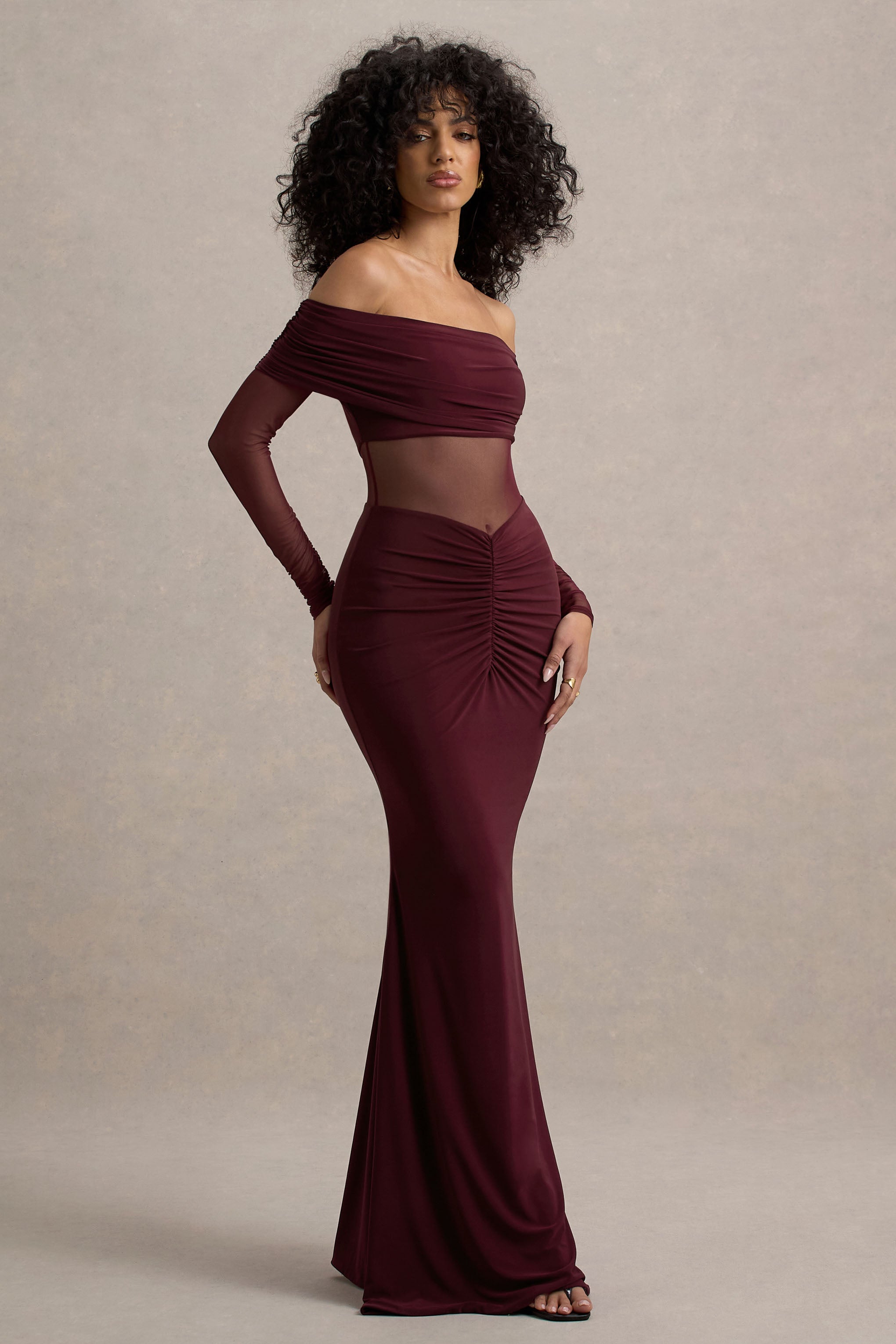 Ismeralda | Burgundy Mesh Ruched Bardot Maxi Dress
