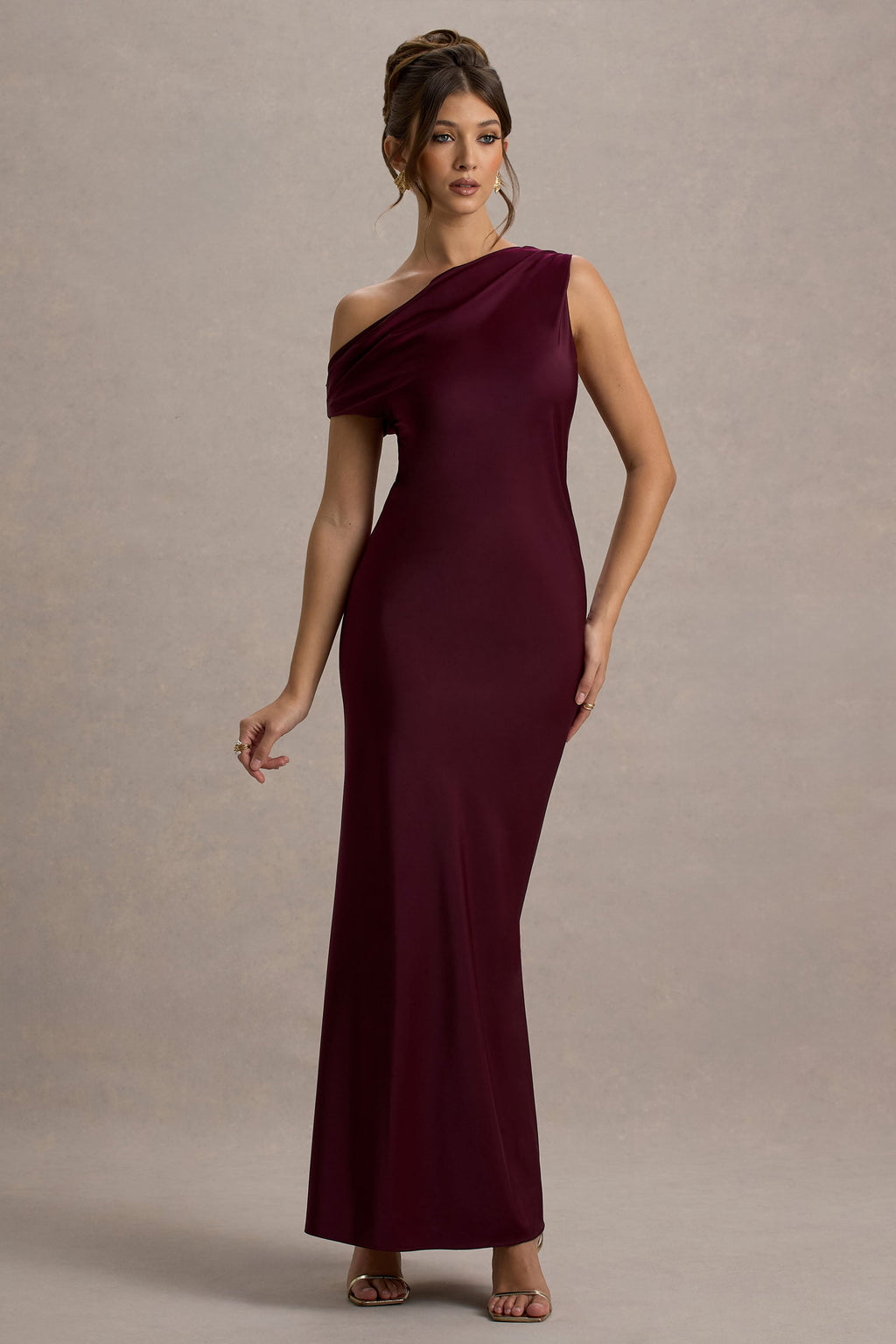 Isolde | Burgundy Satin One-Shoulder Maxi Dress