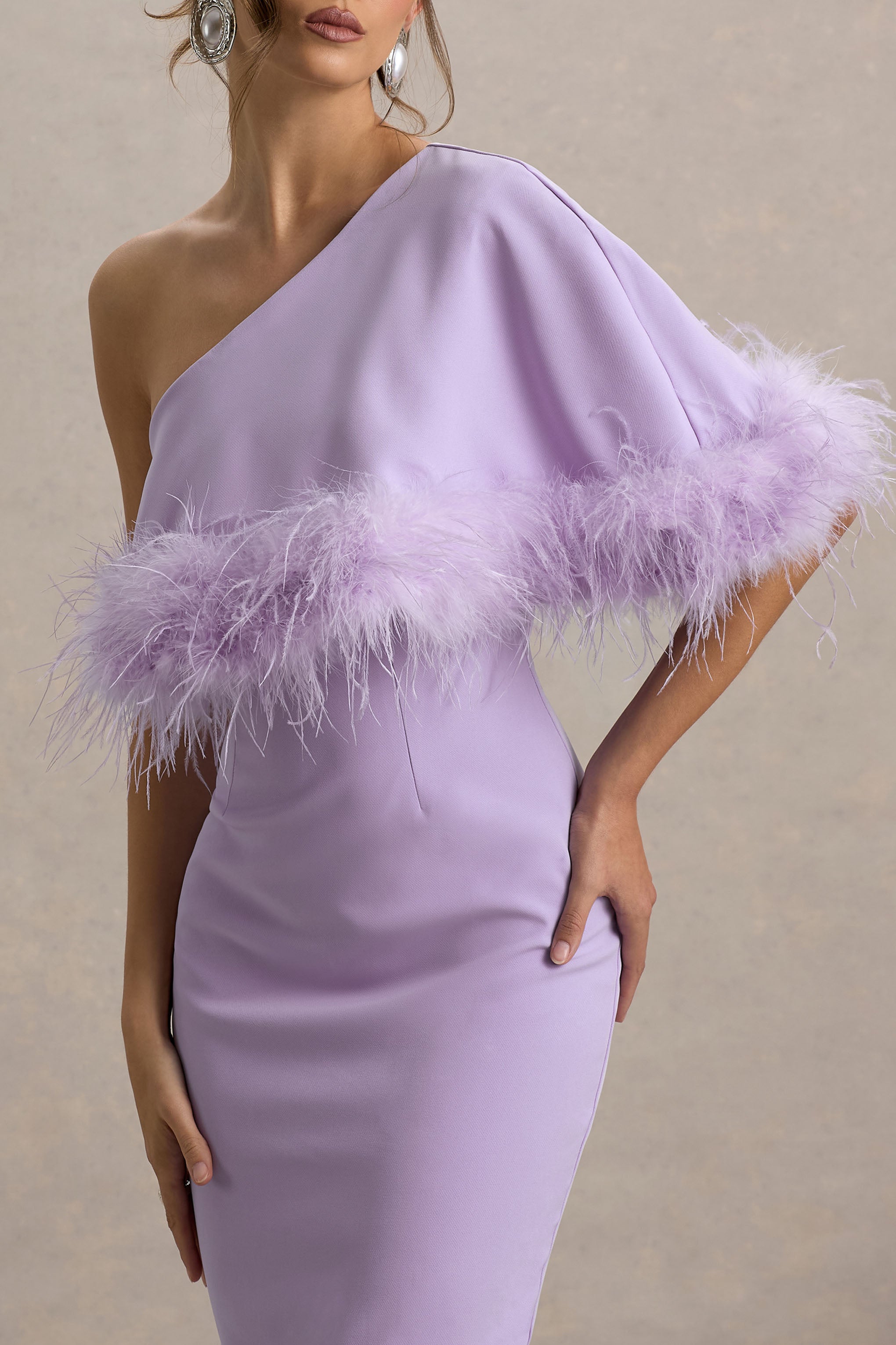 Victory | Lilac One Shoulder Midi Dress With Feather Trim