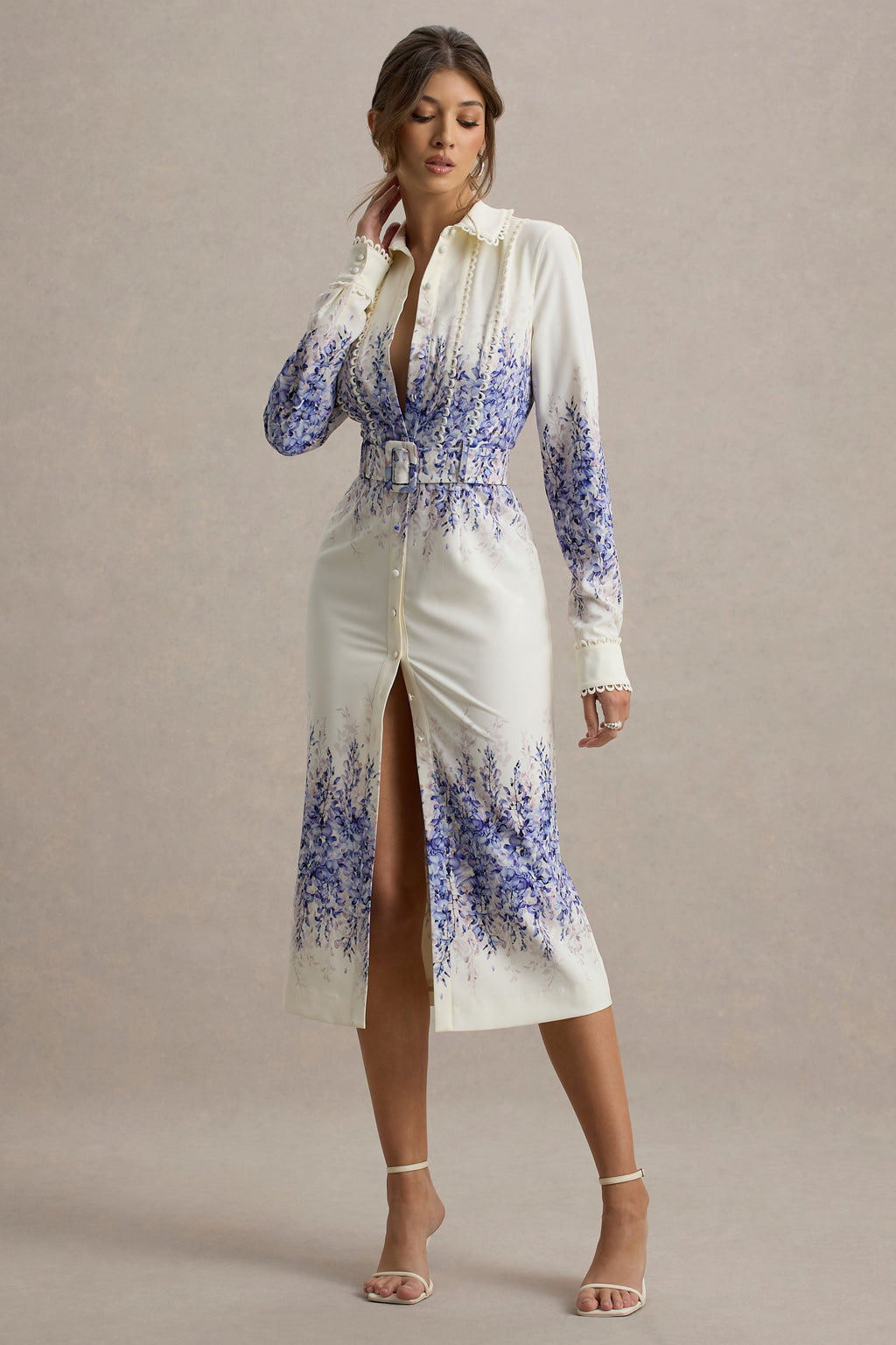 Zephy | Wisteria Print Belted Shirt Midi Dress