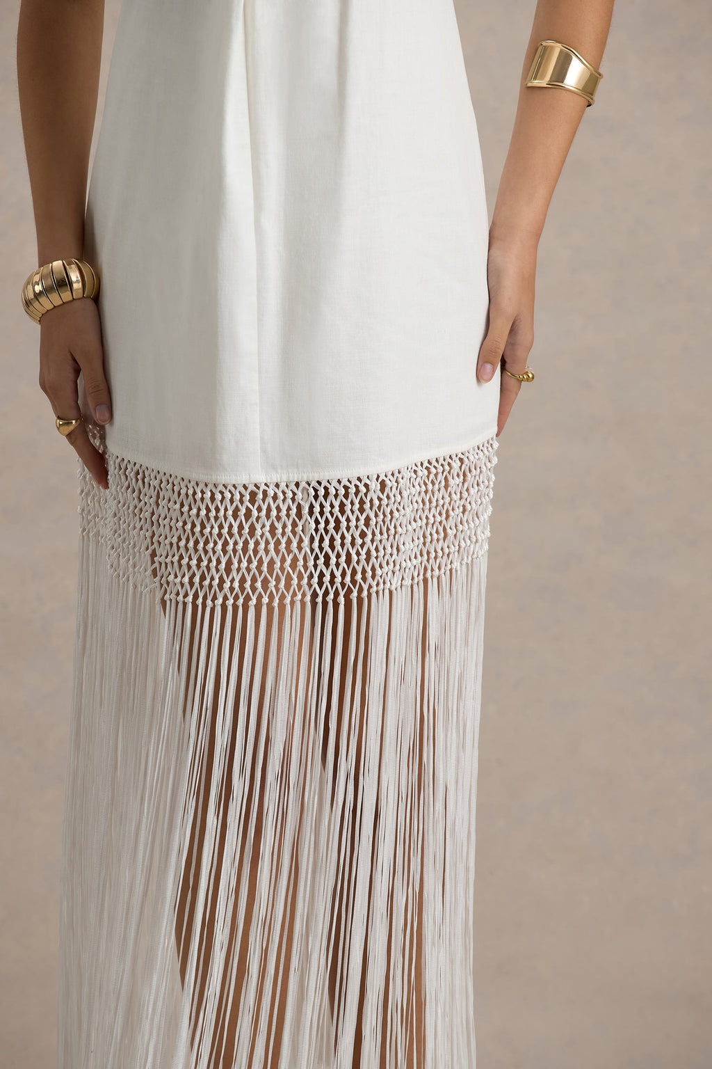 Fiametta | Ecru Linen Halter-Neck Fringe Maxi Dress