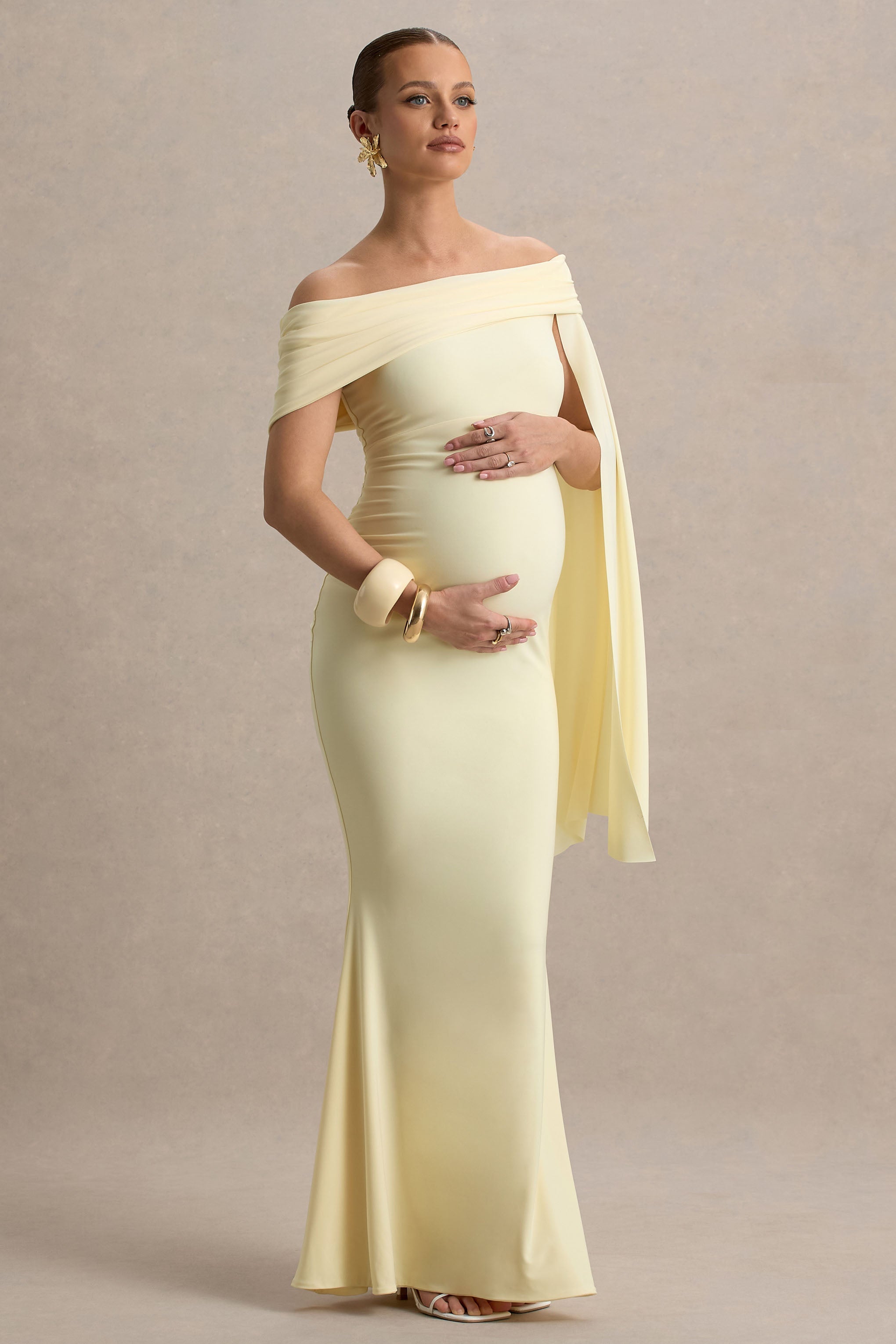Aquila | Lemon Bardot Maternity Maxi Dress With Drape Sleeve