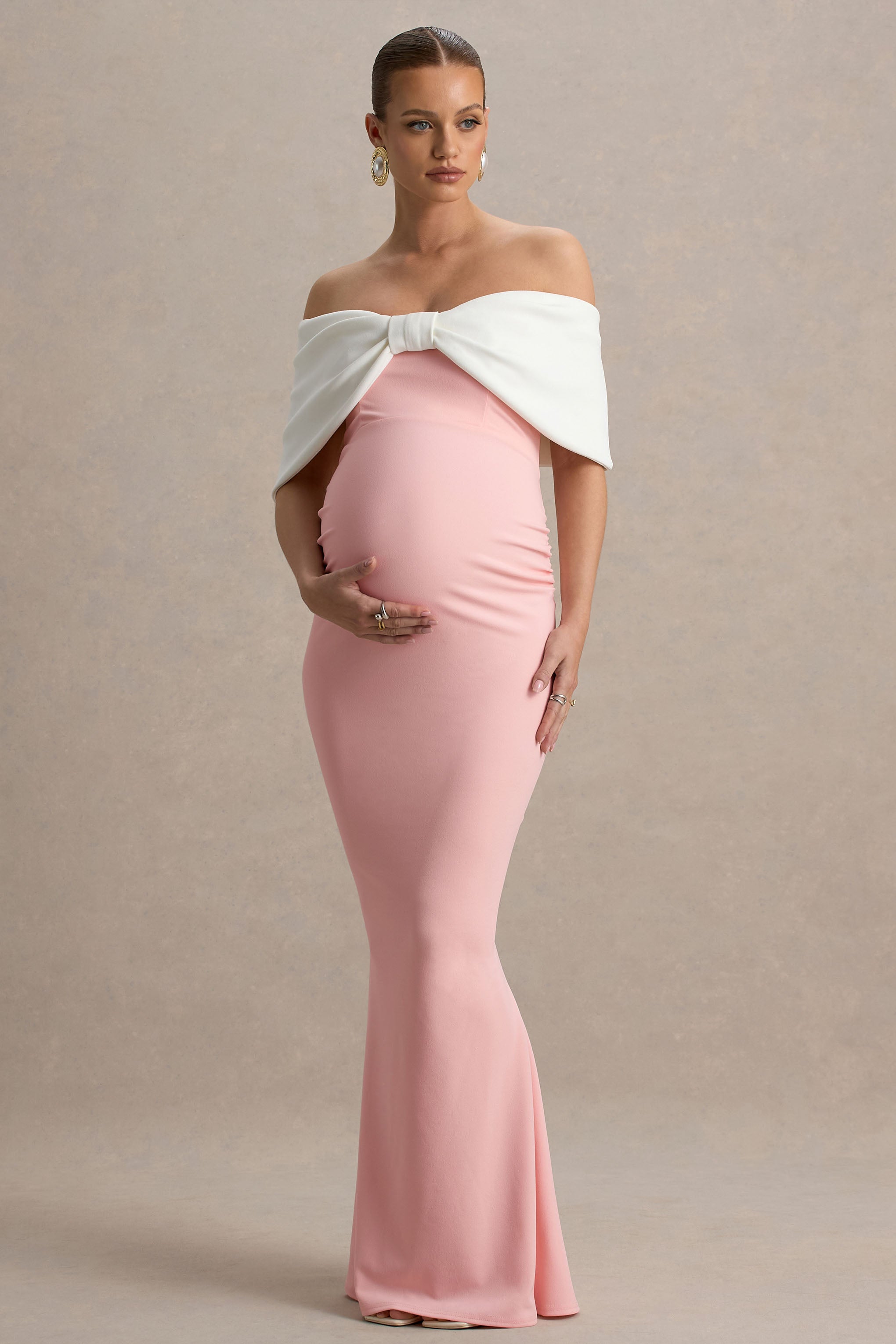Libra | Pink & White Bow Bardot Maternity Maxi Dress