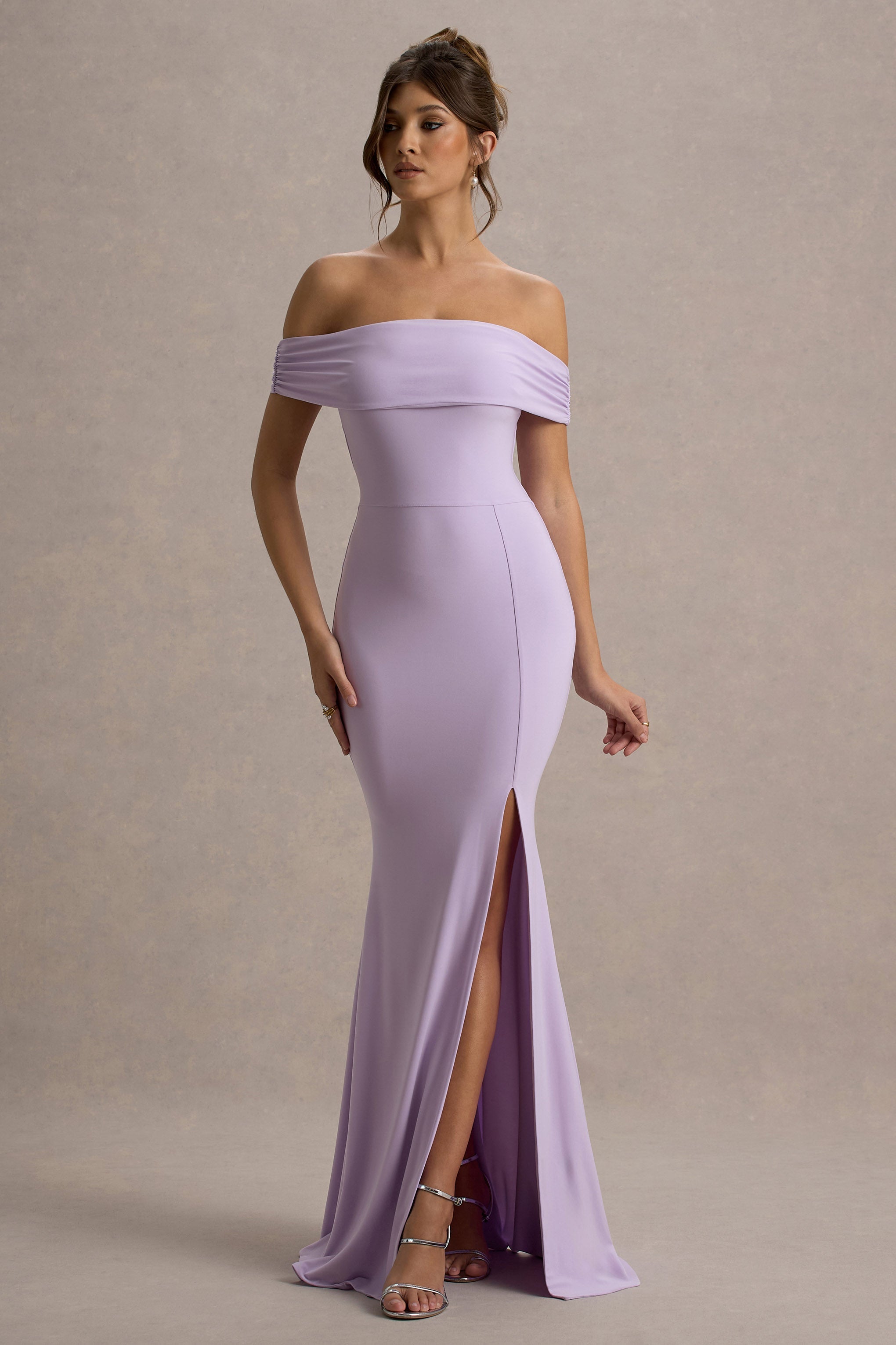 Law of Attraction | Lilac Bardot Draped Split Maxi Dress