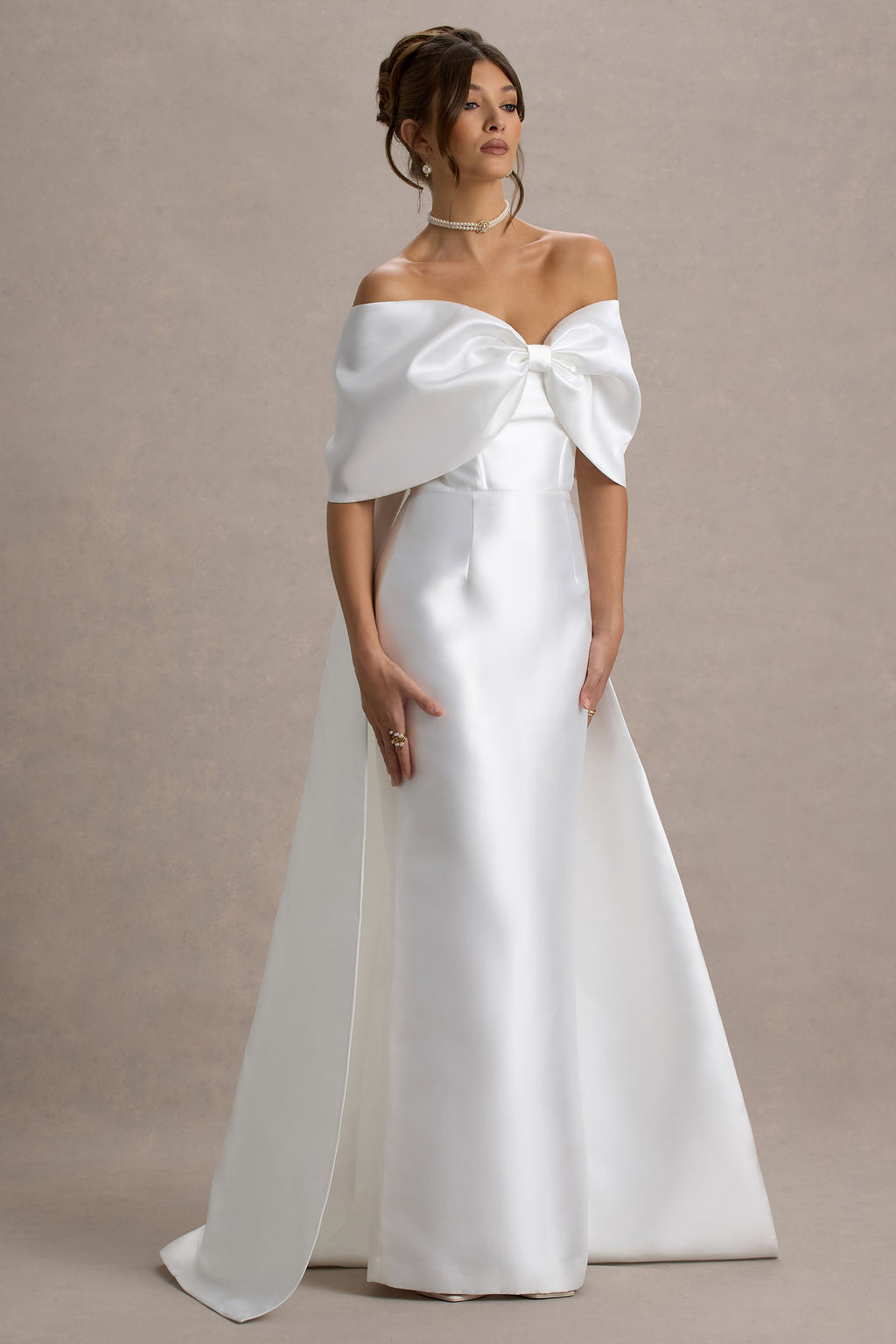 Wanting More | Off White Satin Cape Maxi Dress With Oversized Bow