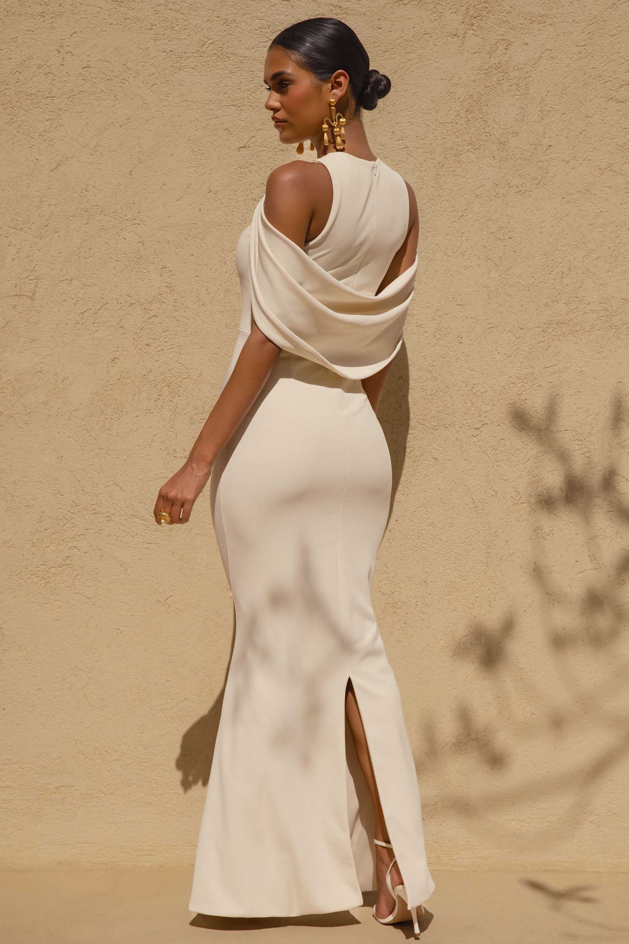 Yulia | Sand High-Neck Maxi Dress With Cape Sleeves
