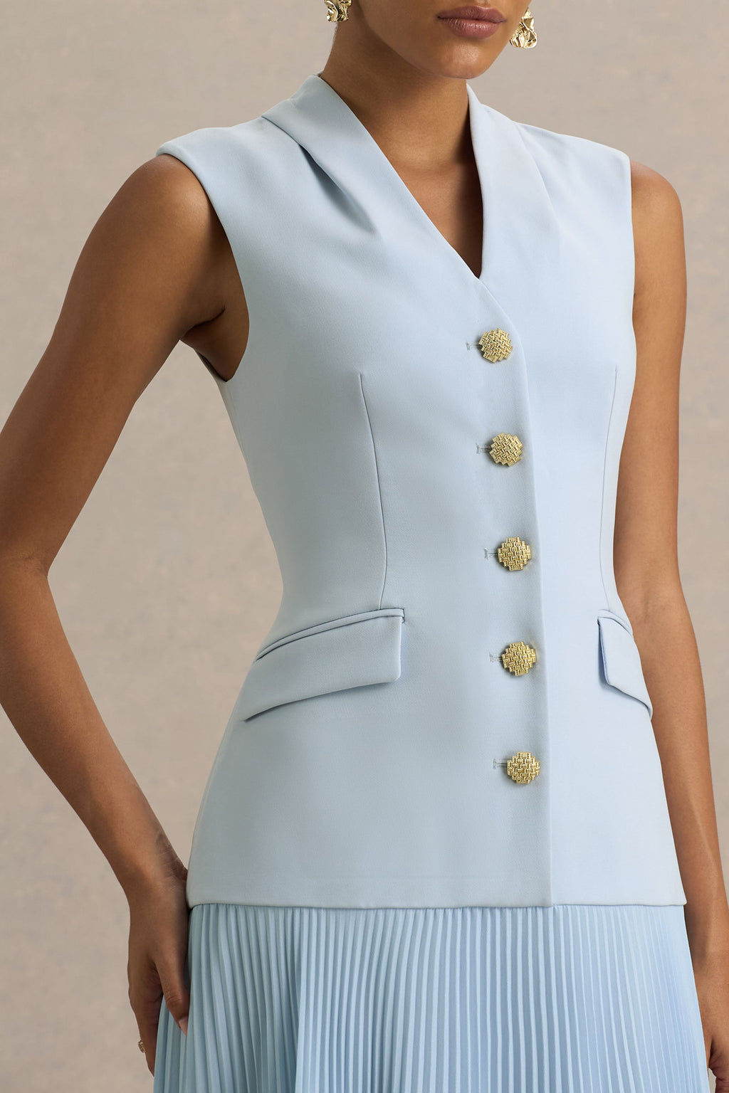 Heavenly | Powder Blue High Neck Maxi Dress With Pleated Detailing