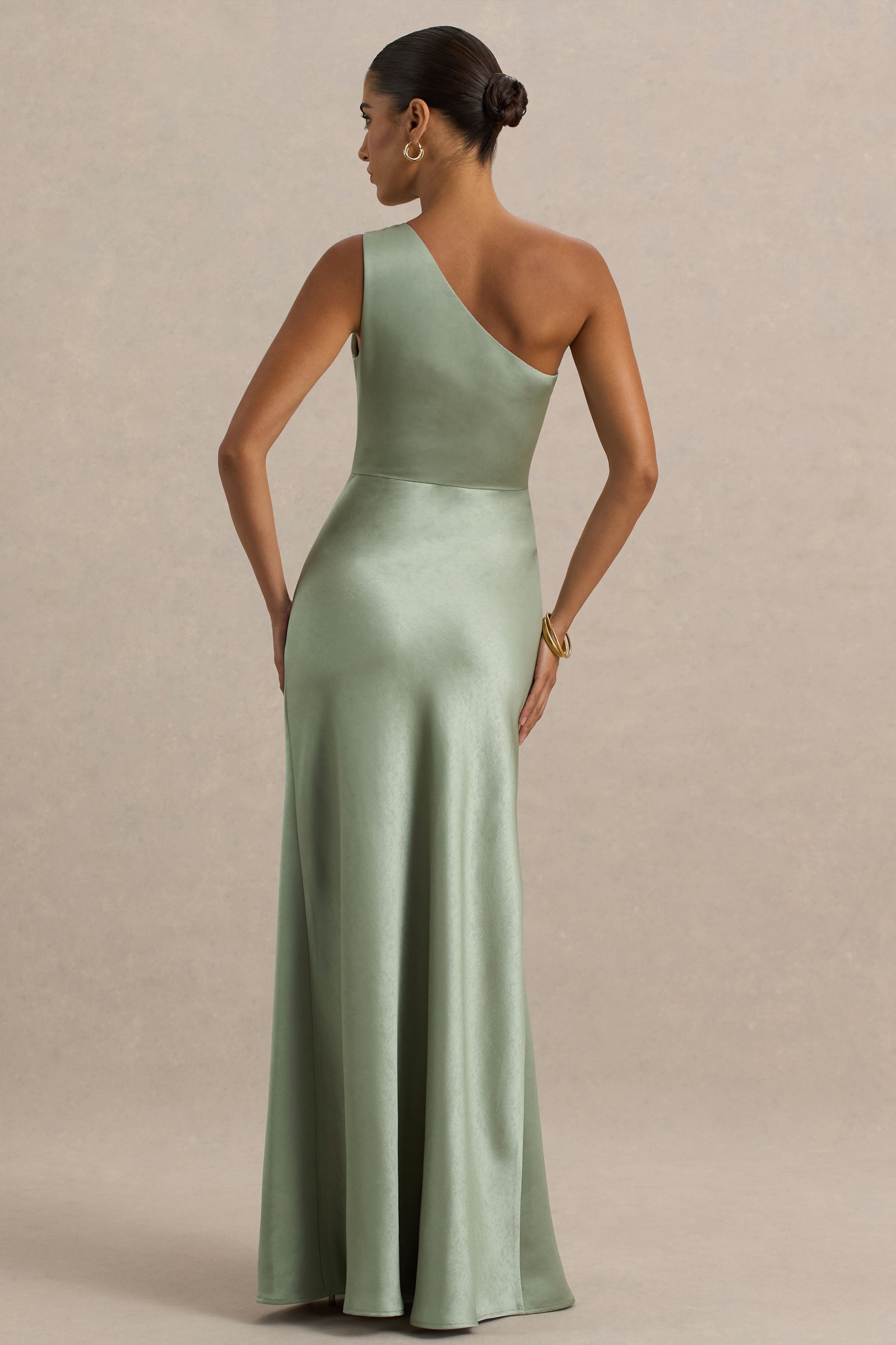Beth | Sage Asymmetric Neckline High-Split Maxi Dress
