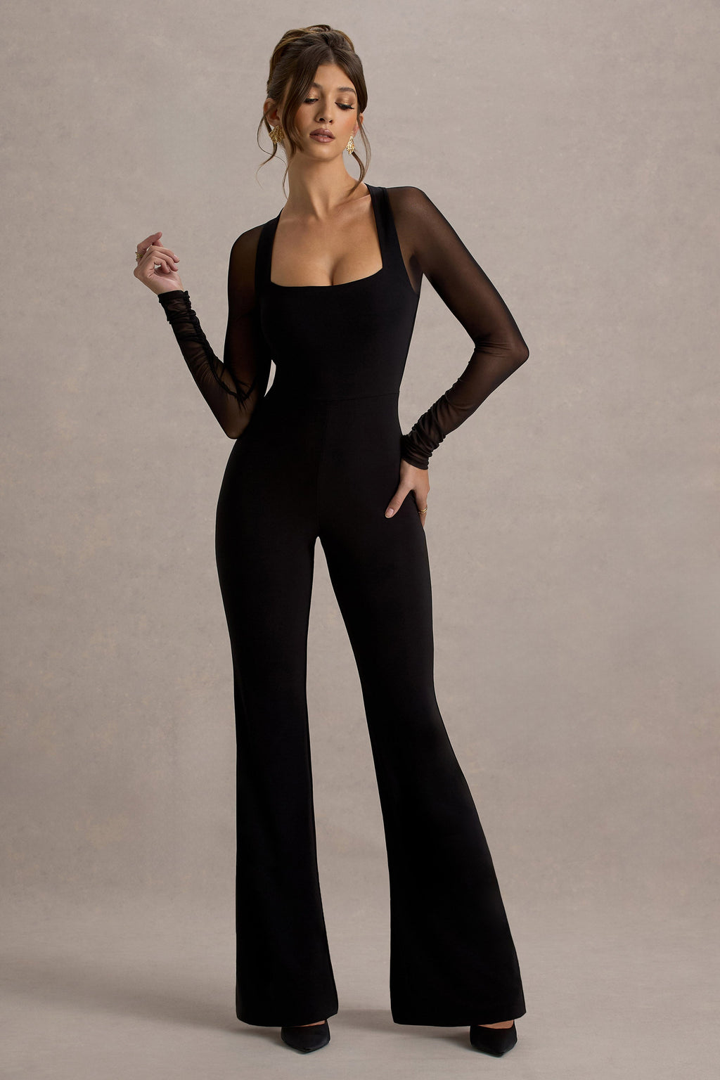 On Track | Black Flared-Leg Jumpsuit With Sheer Sleeves