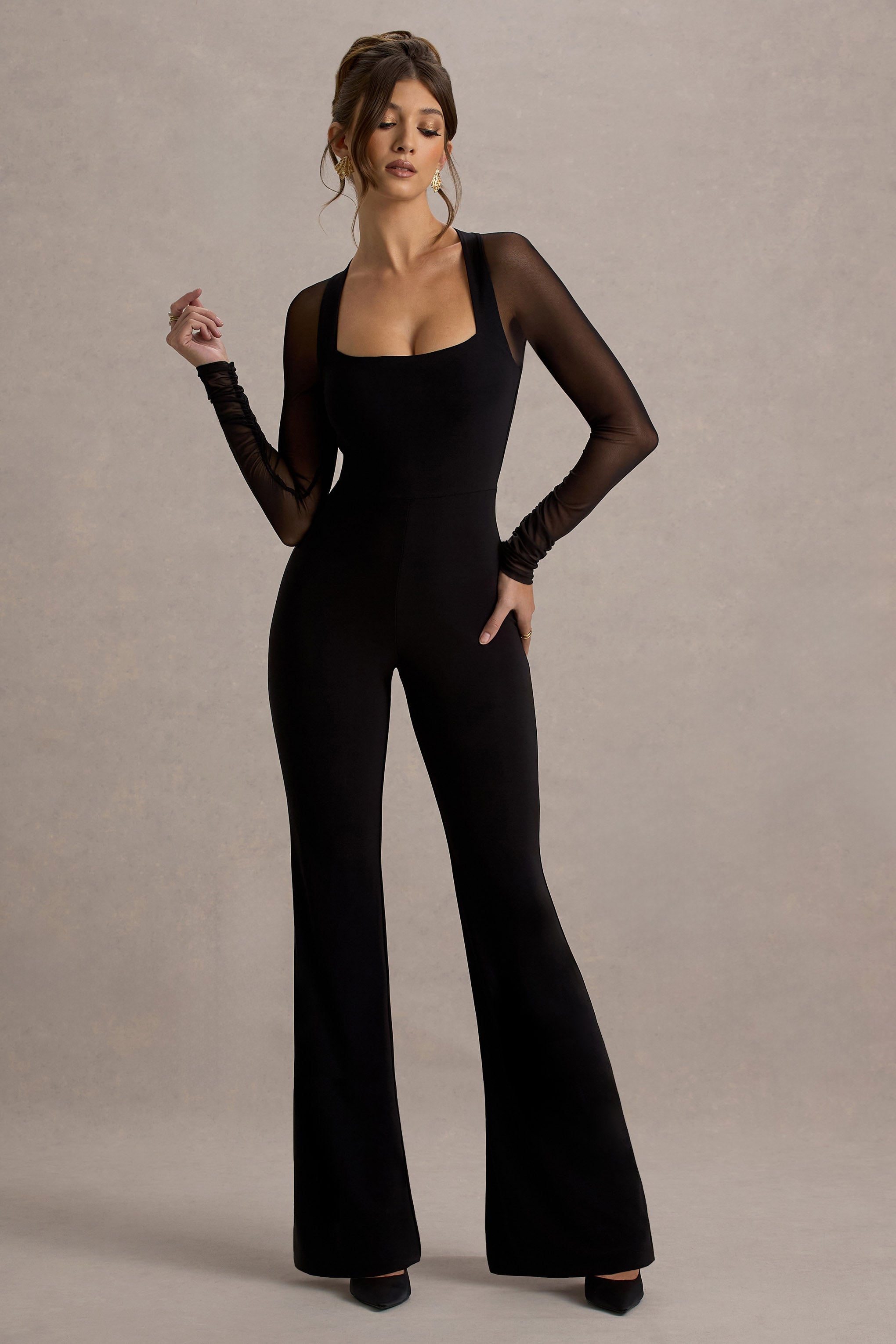 On Track | Black Flared-Leg Jumpsuit With Sheer Sleeves