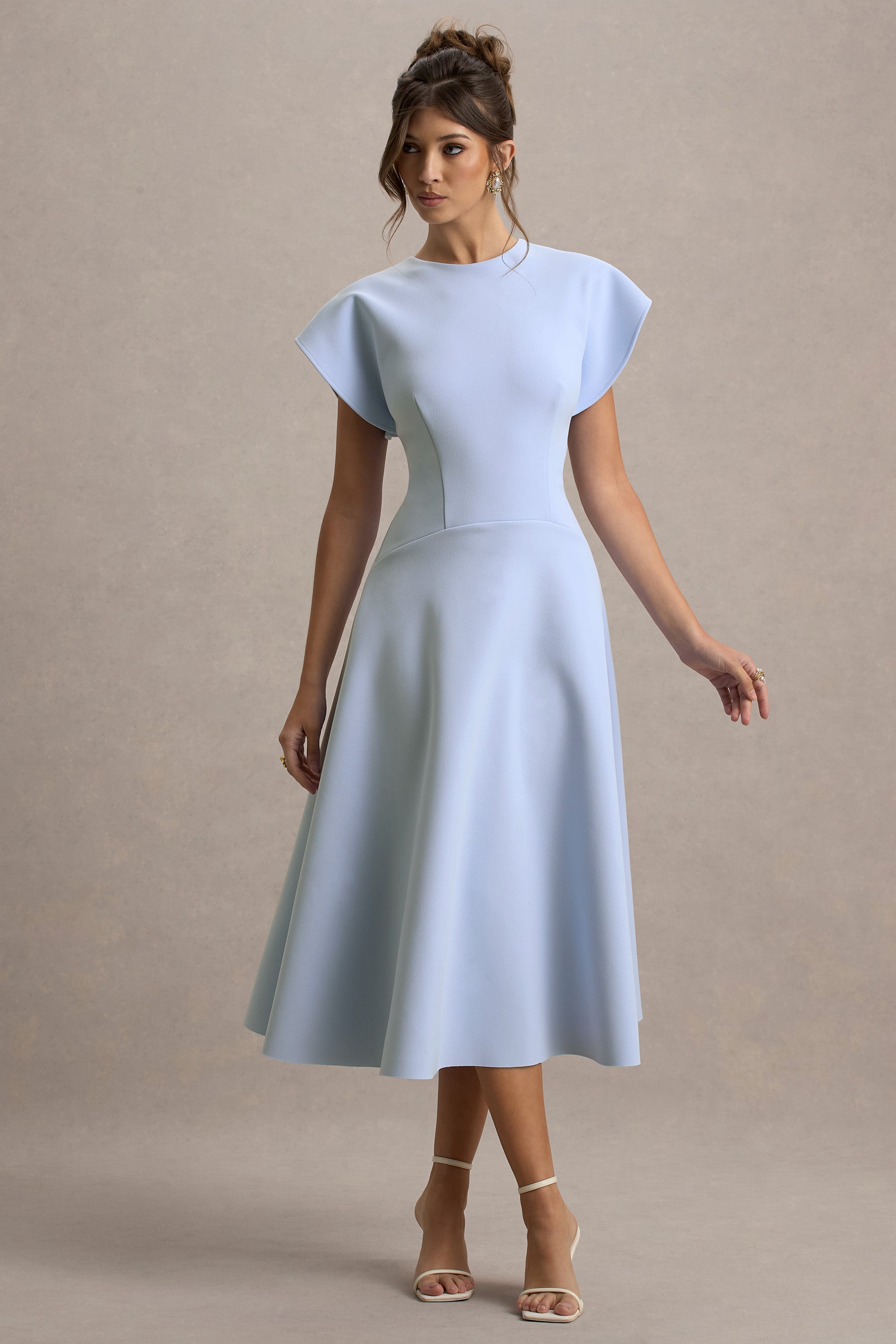 Linda | Powder Blue High-Neck Cap-Sleeve Midi Dress
