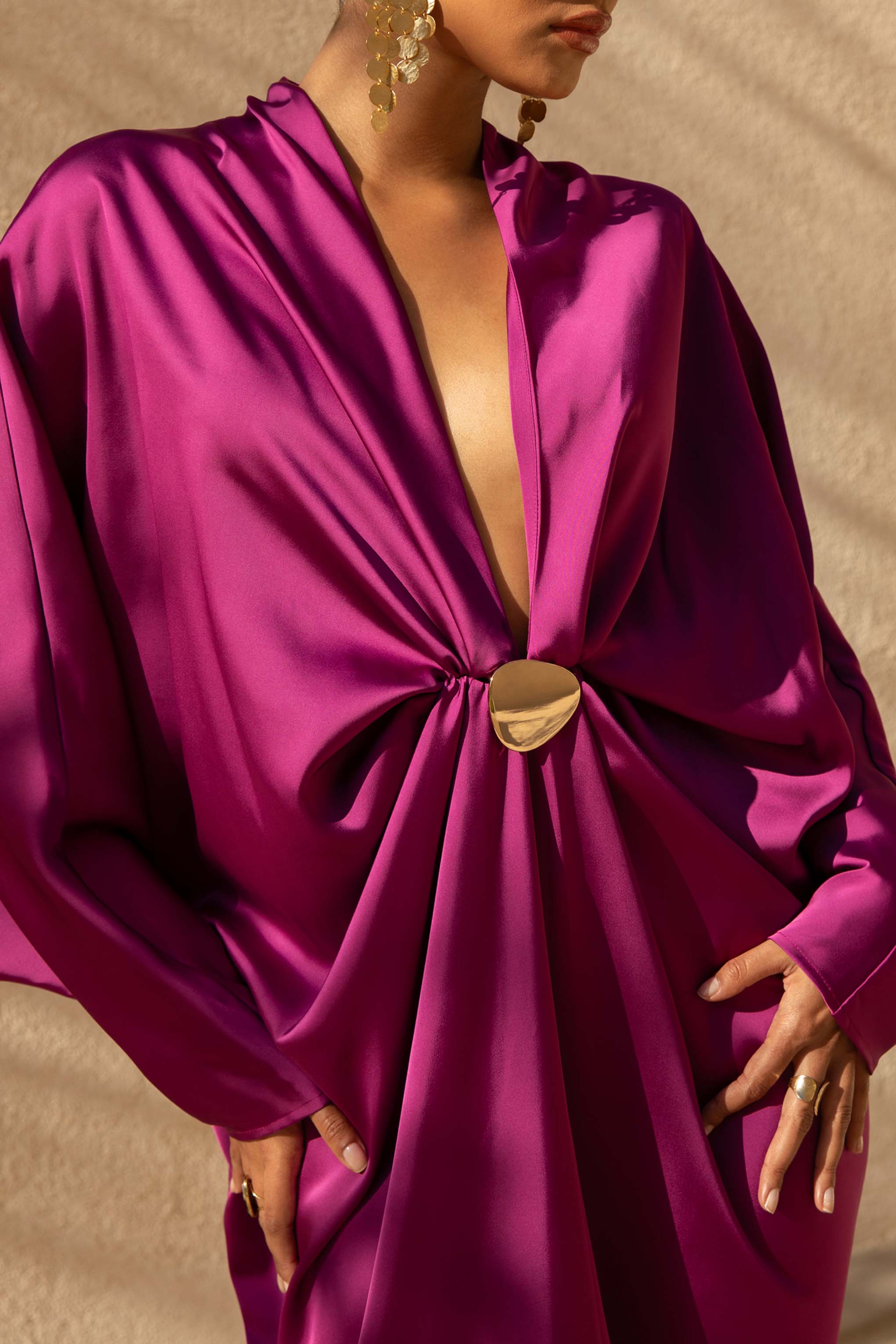 Tina | Pink Satin Plunge-Neck Embellished Maxi Dress