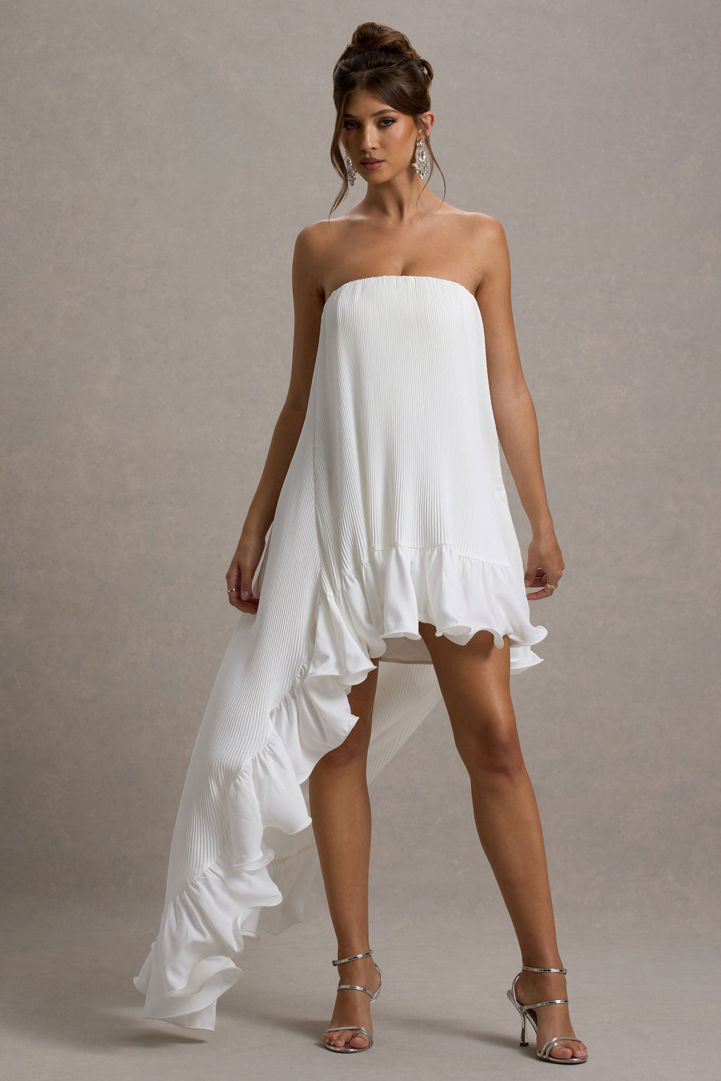 Whistler | White Chiffon Bandeau High-Low Ruffled Maxi Dress