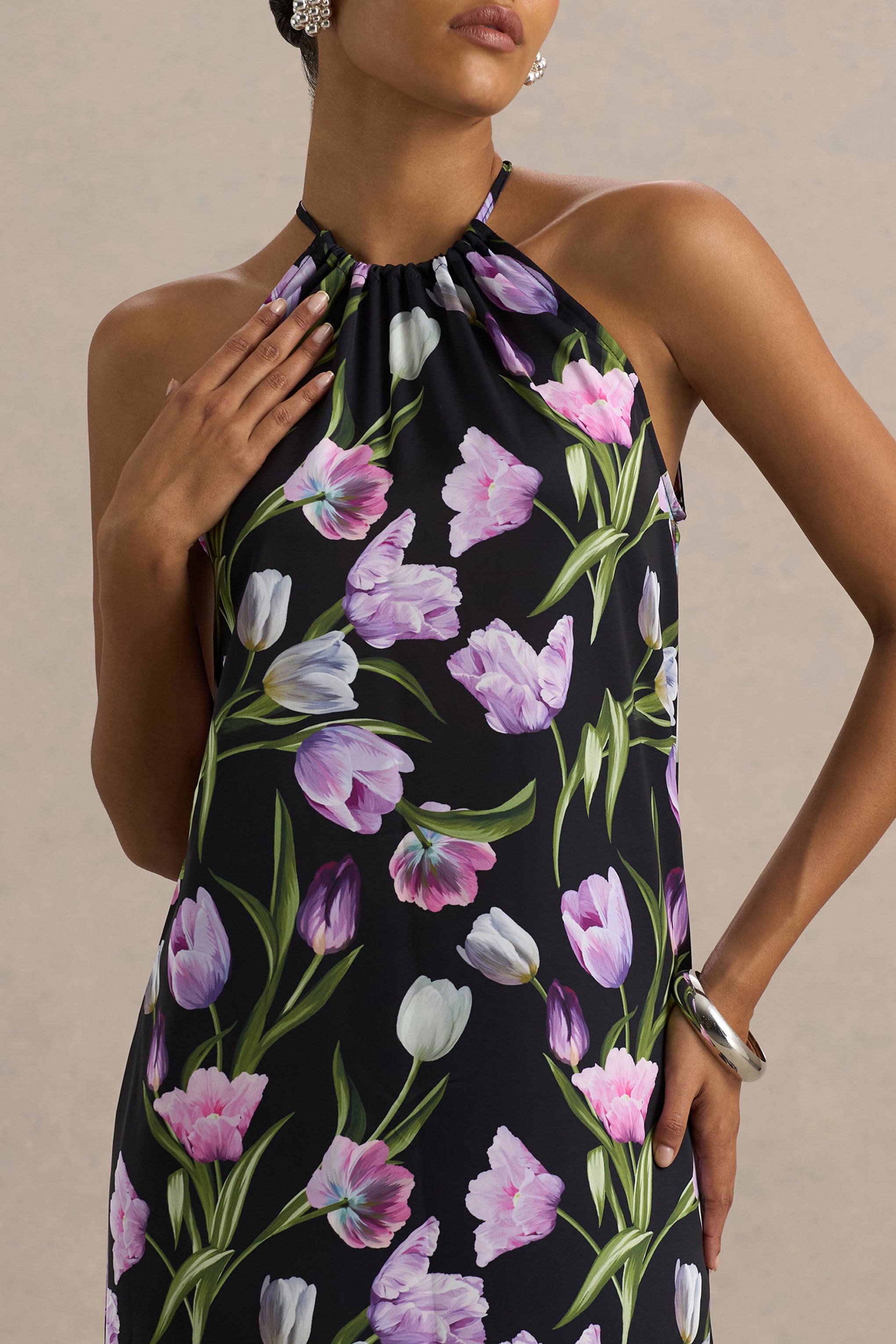 Svana | Black Satin Floral Asymmetric Halter-Neck Maxi Dress