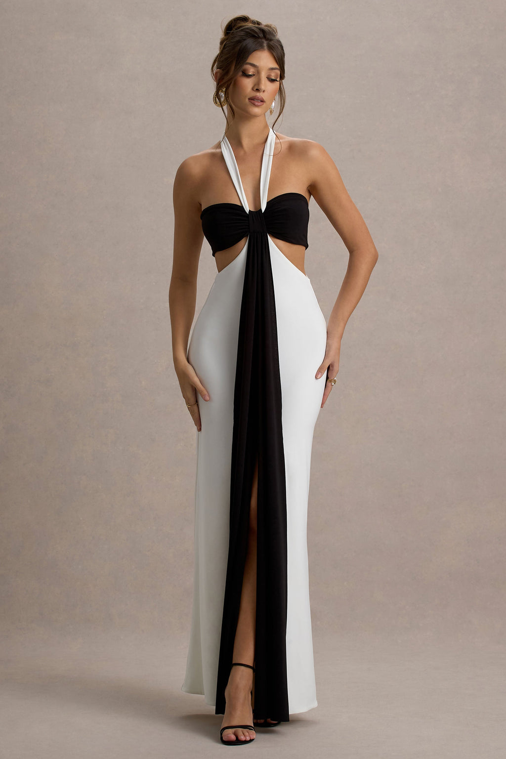 Acentis | Black & White Halter-Neck Cut-Out Maxi Dress