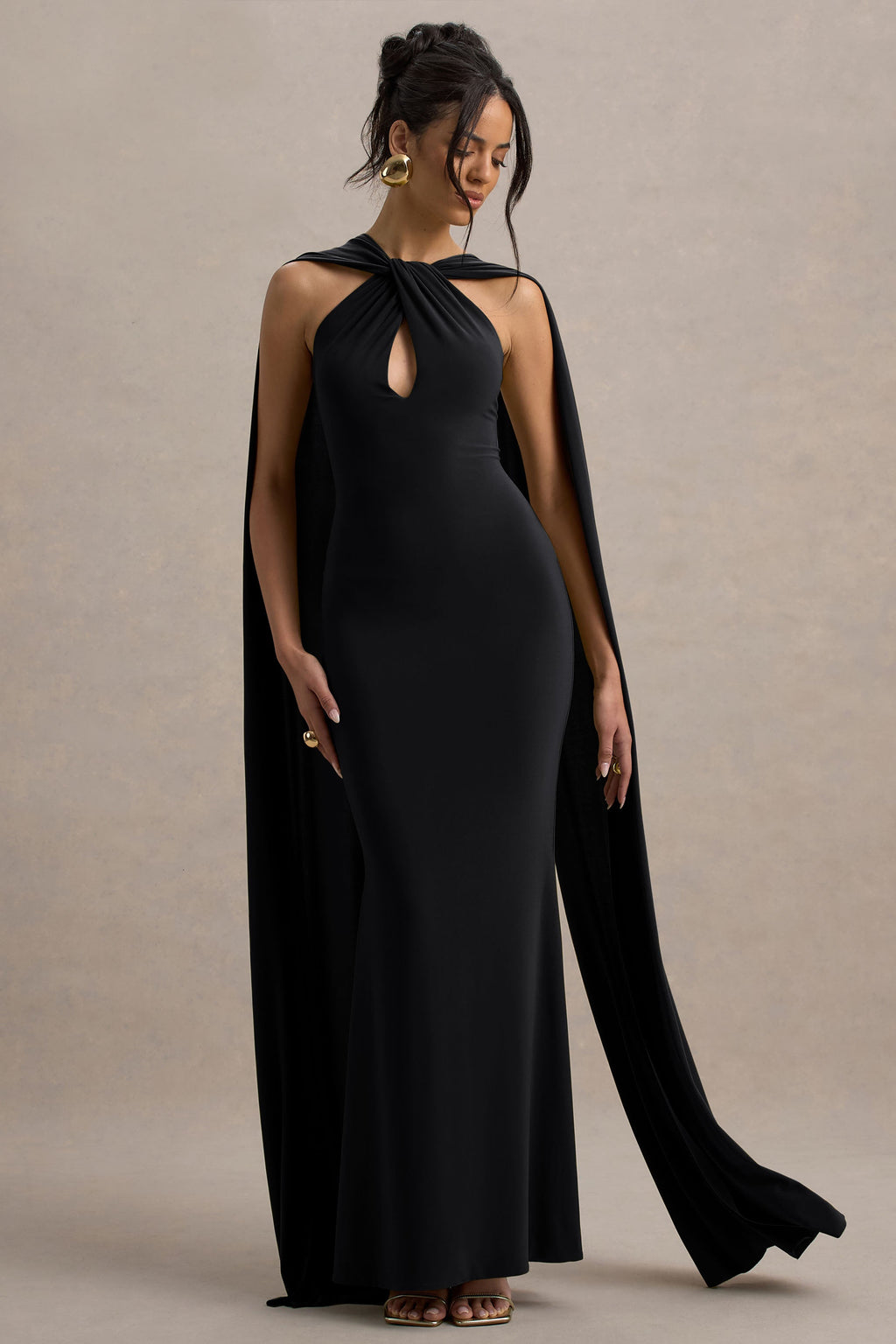 Rhoda | Black Twist Halter-Neck Cape Maxi Dress