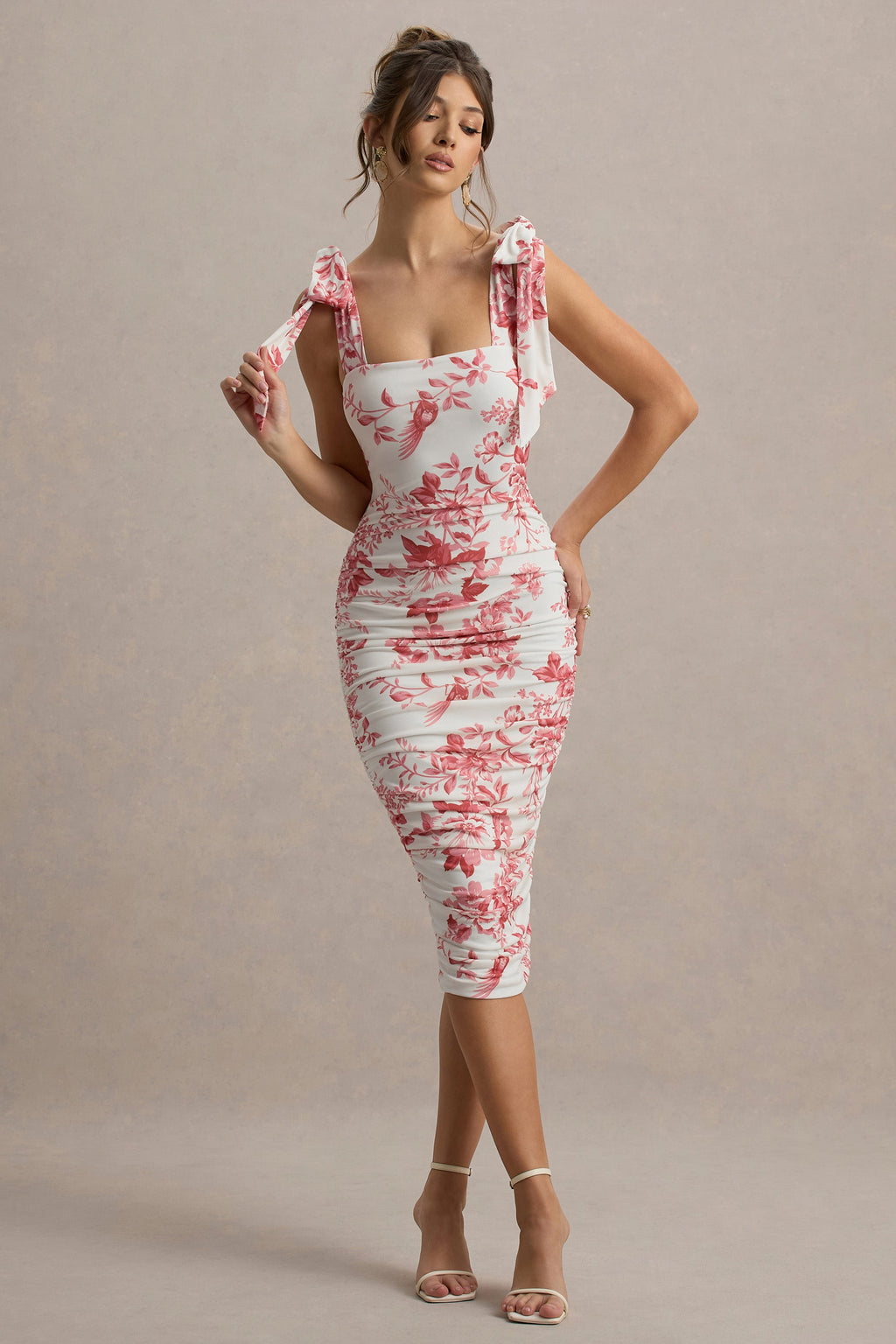 Cordelia | Pink Porcelain Print Bodycon Midi Dress With Bow Straps
