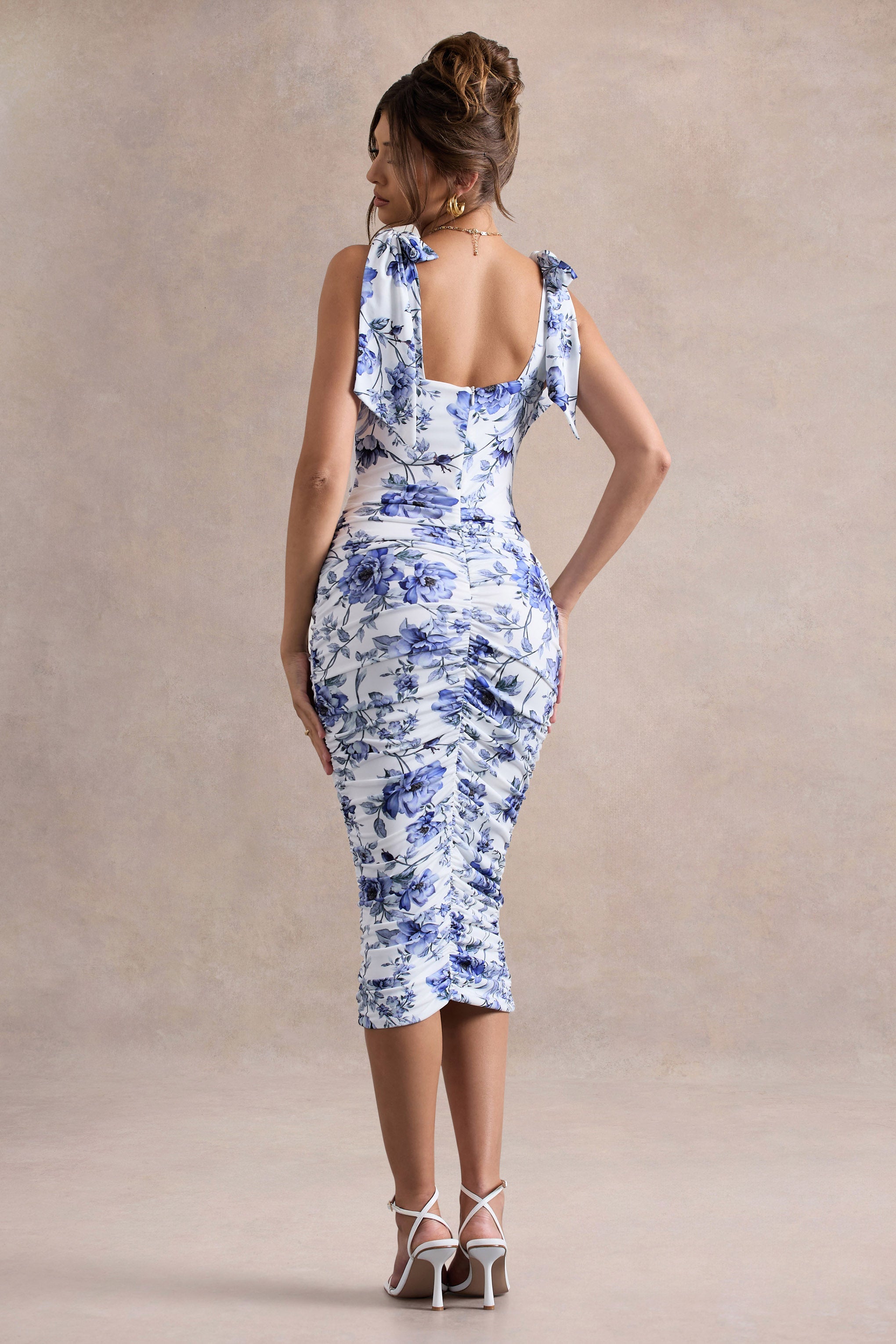 Cordelia | Blue Porcelain Print Bodycon Midi Dress With Bow Straps