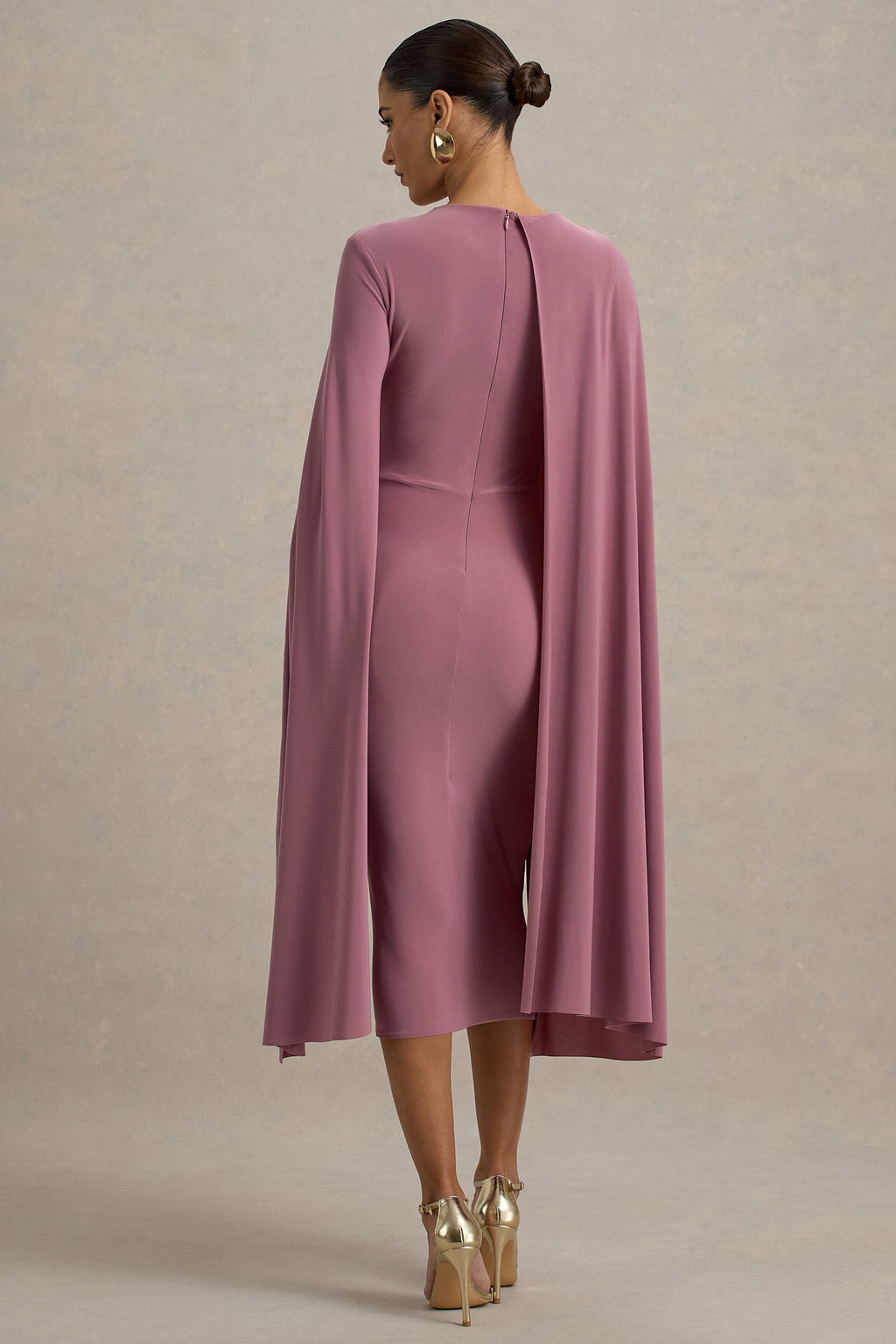 Marysol | Dusky Rose Asymmetric Cape Midi Dress