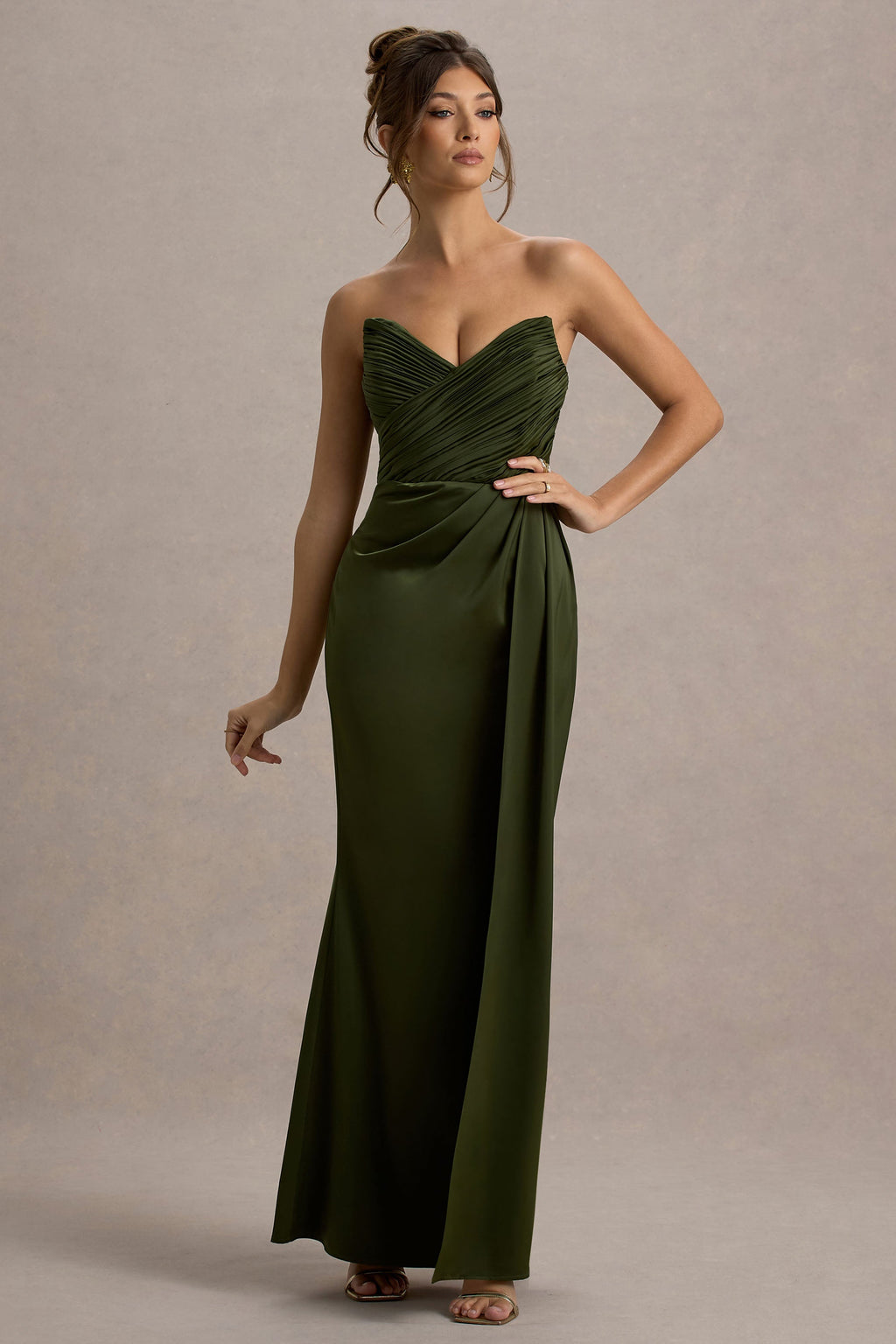 Edel | Olive Satin Strapless Maxi Dress With Drape