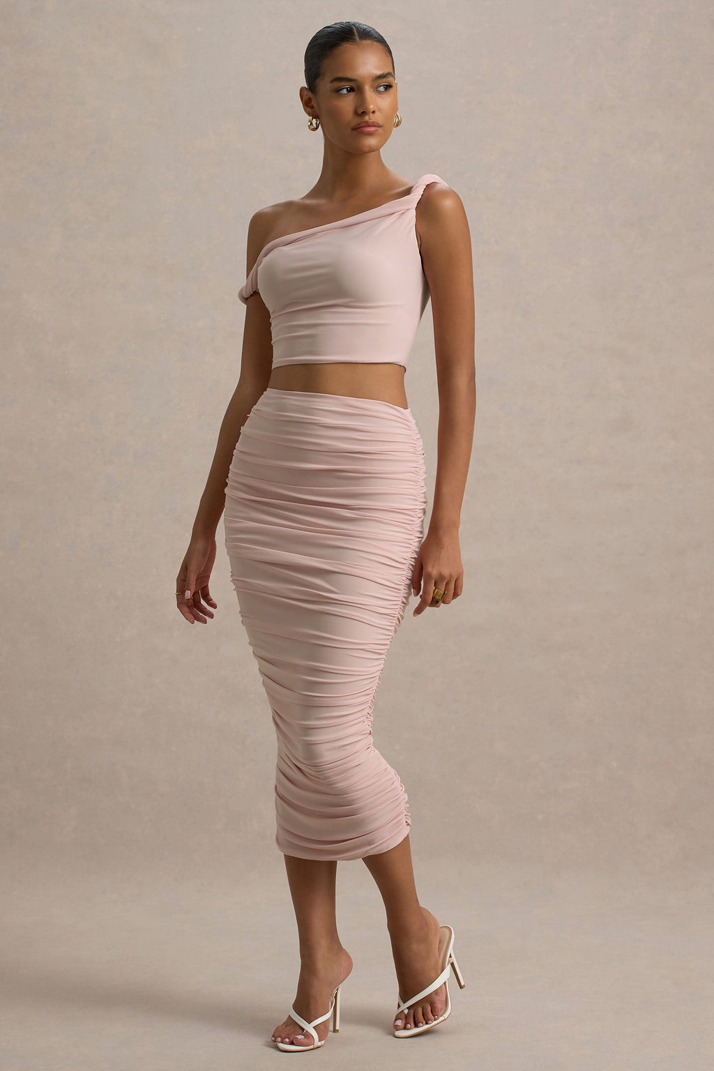Lively | Light Pink Ruched Midi Skirt