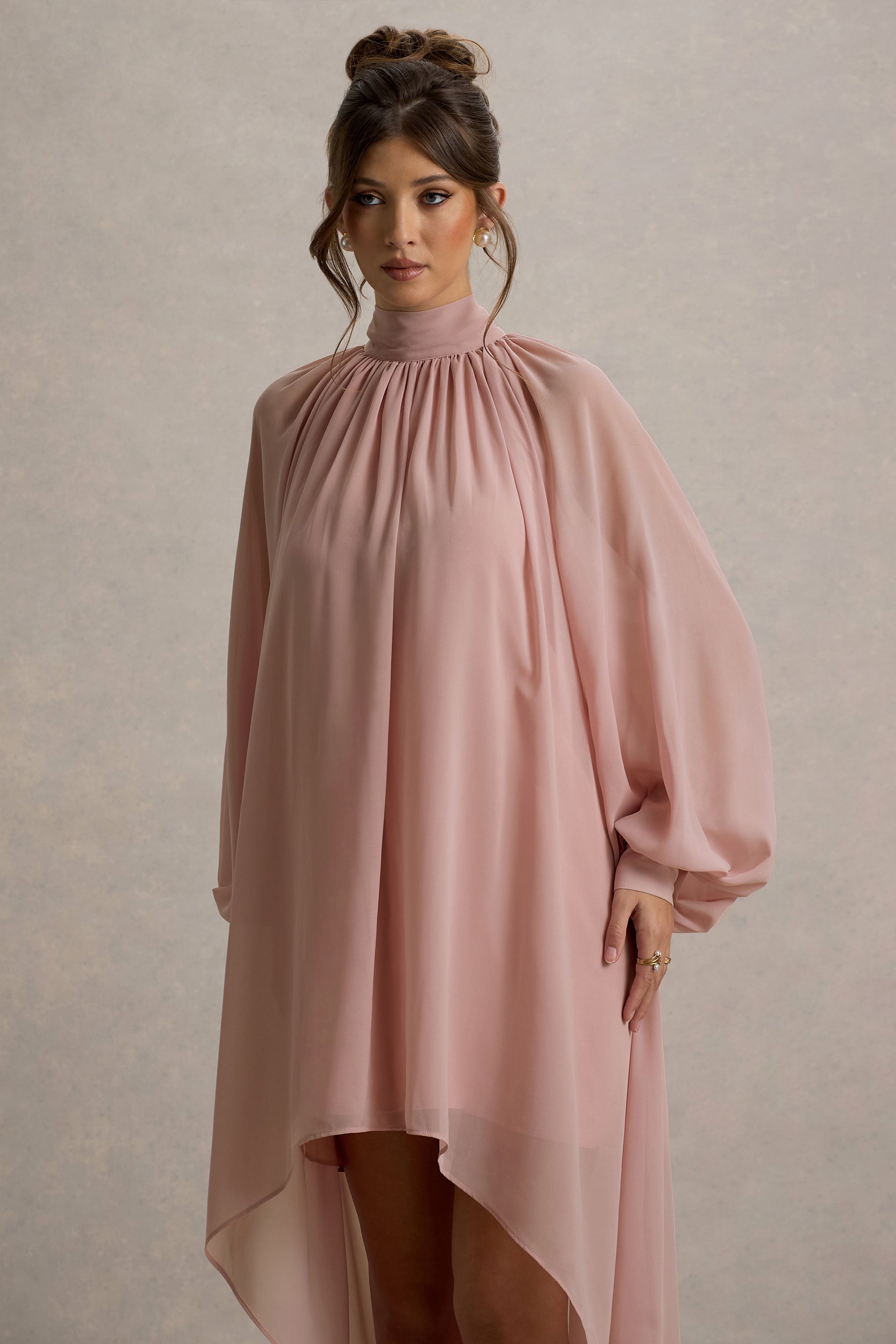Delphia | Pale Pink High-Neck Maxi Dress With High-Low Hem