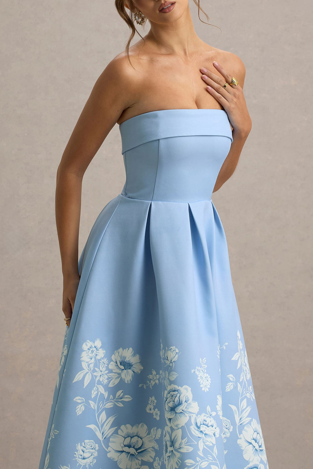 Annalise | Light Blue Floral Print Bandeau Skater Midi Dress